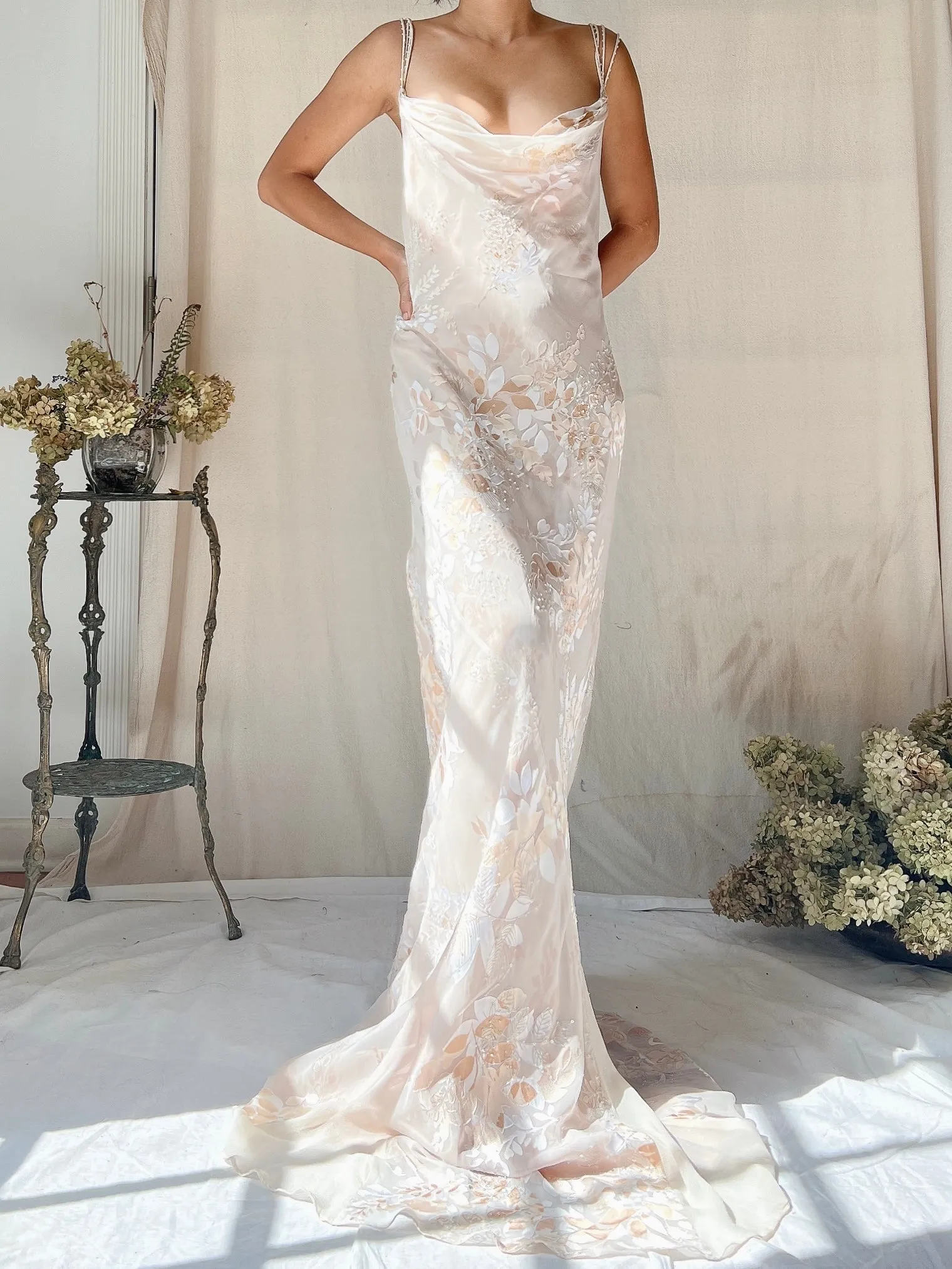 Vintage Almond Silk Cowl Bias Gown - L