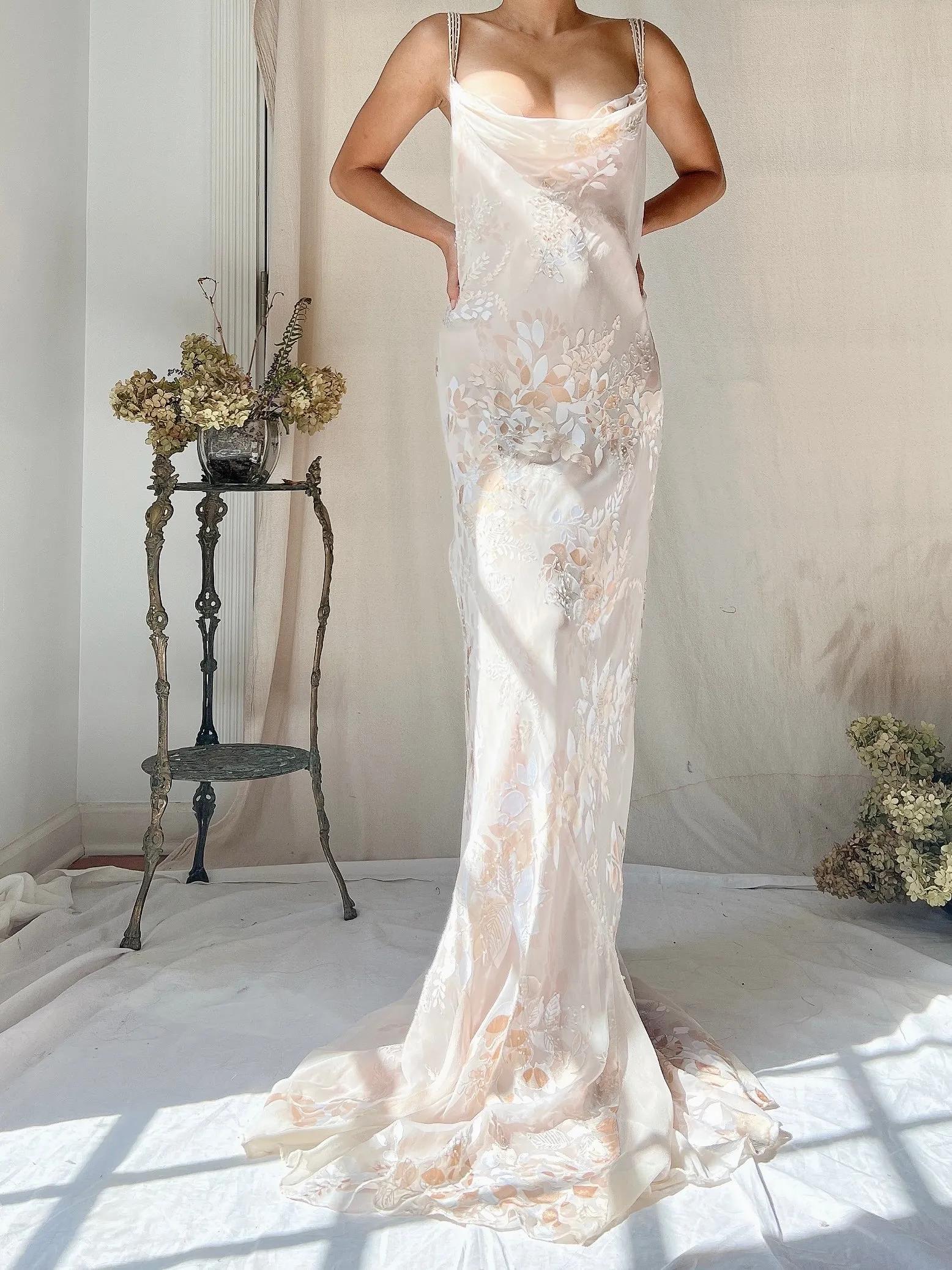 Vintage Almond Silk Cowl Bias Gown - L