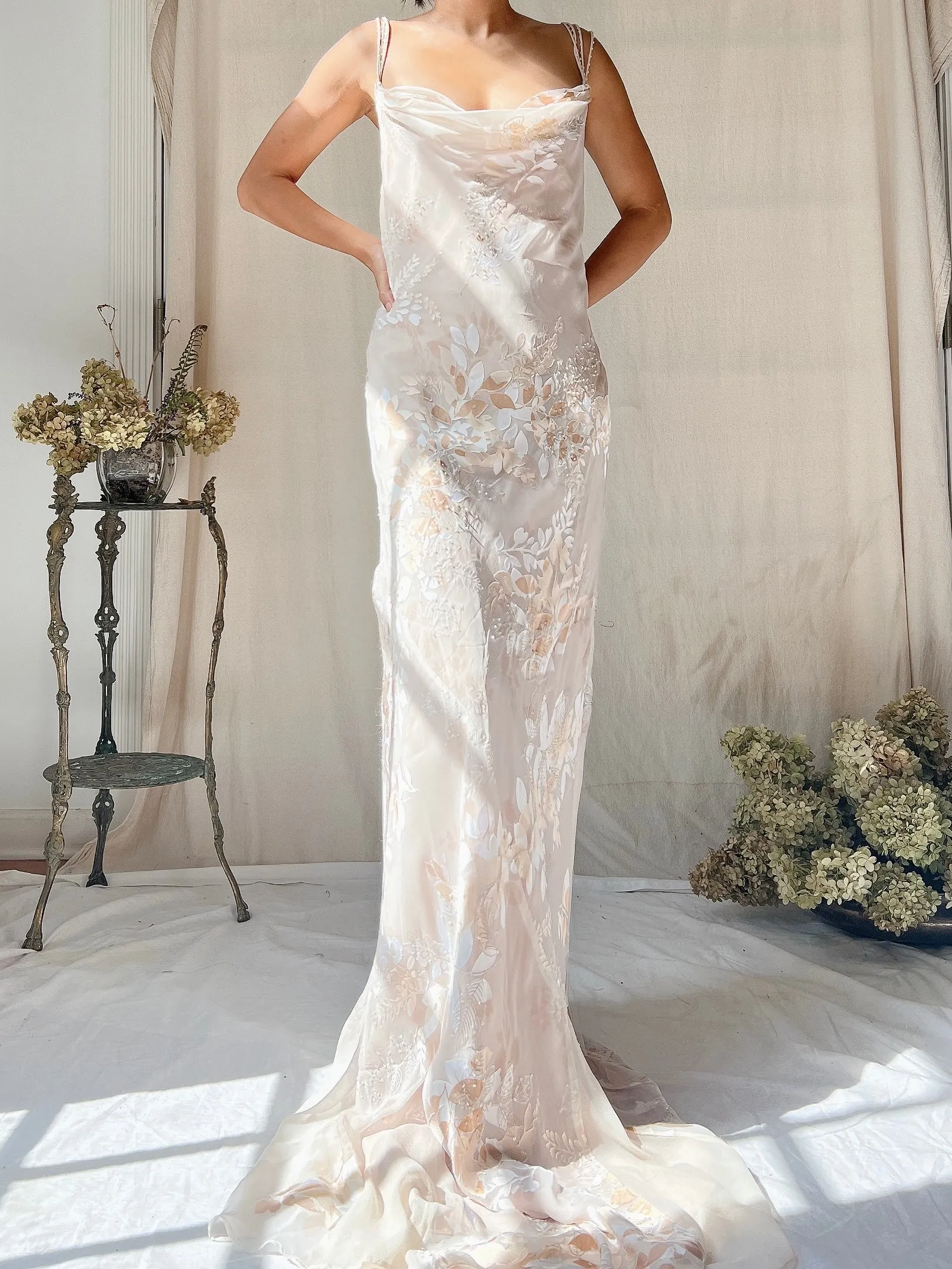Vintage Almond Silk Cowl Bias Gown - L