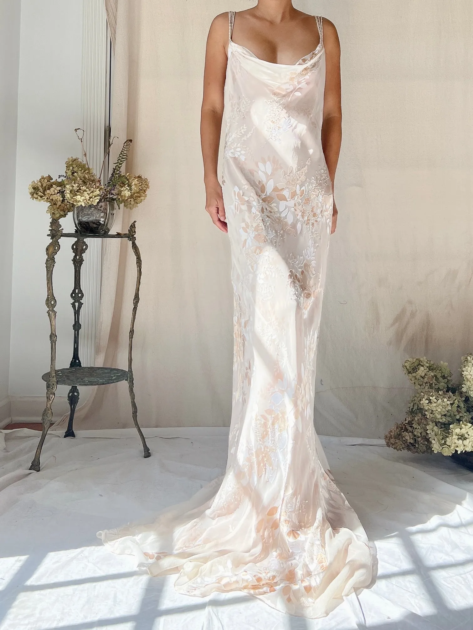 Vintage Almond Silk Cowl Bias Gown - L
