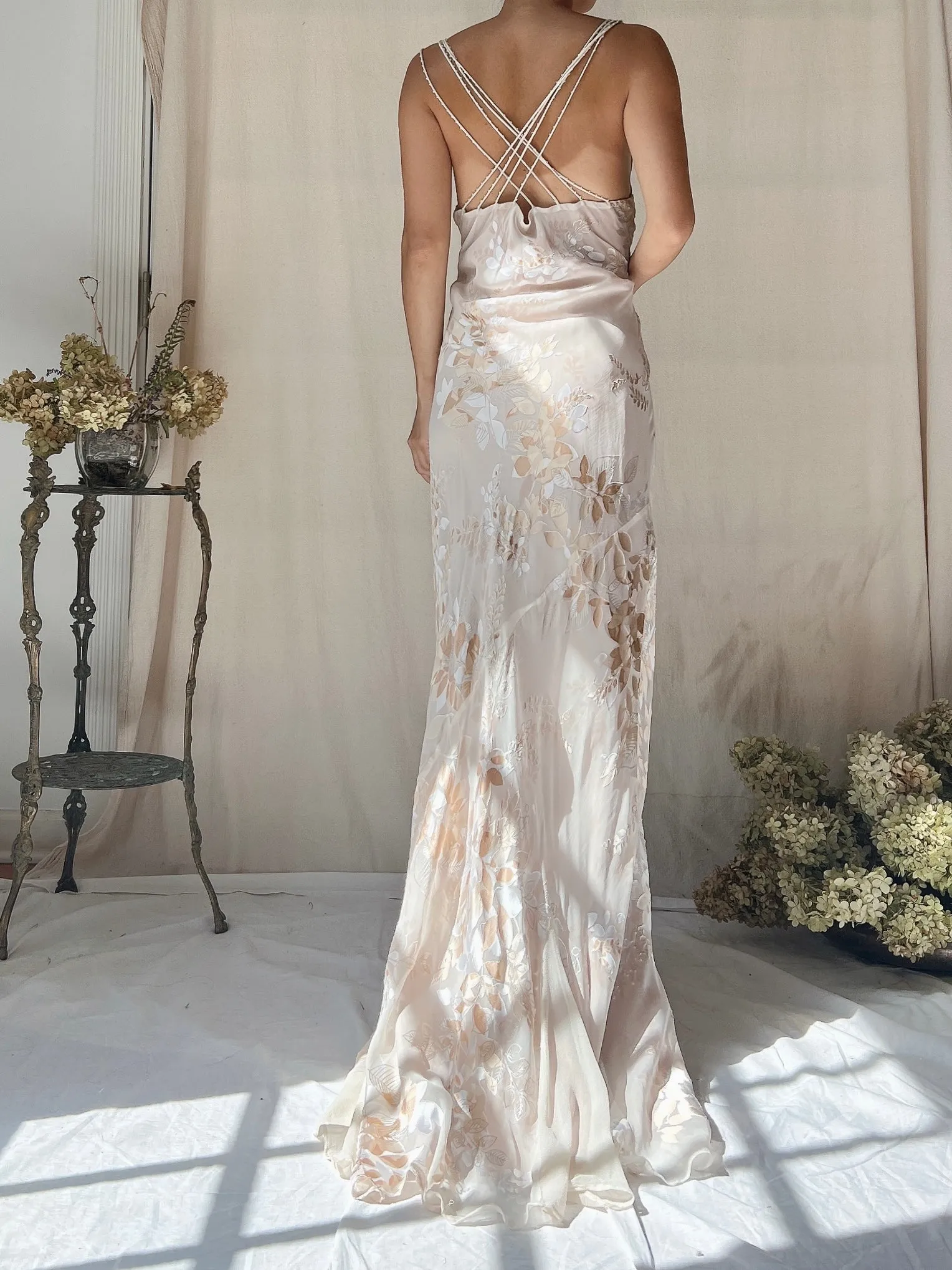 Vintage Almond Silk Cowl Bias Gown - L