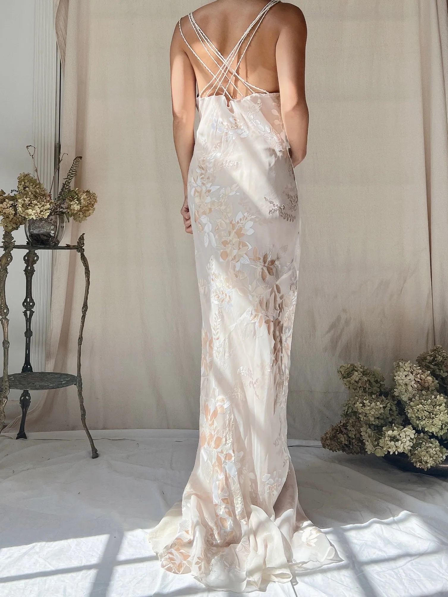 Vintage Almond Silk Cowl Bias Gown - L