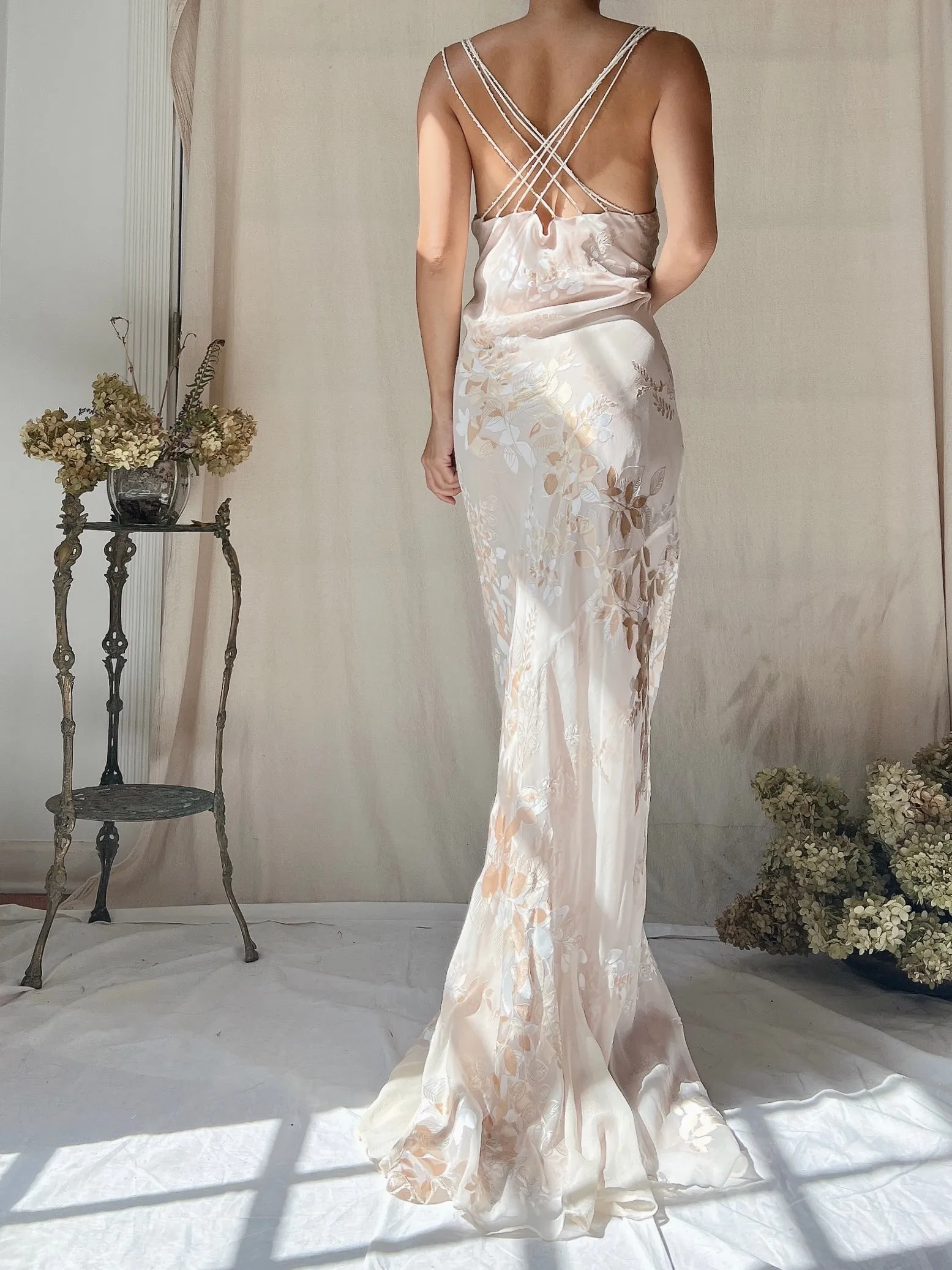 Vintage Almond Silk Cowl Bias Gown - L