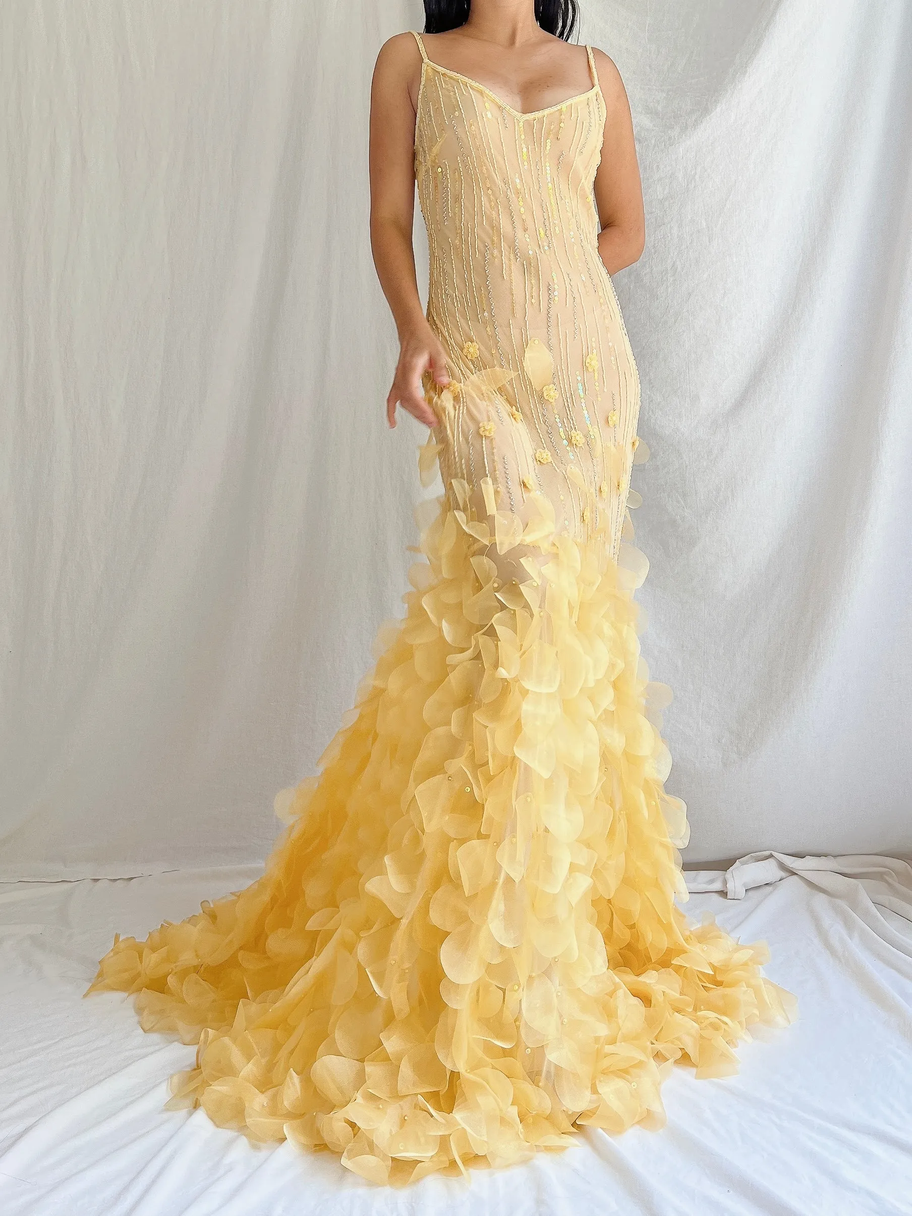 Vintage Canary Silk Petal Dress - S/M