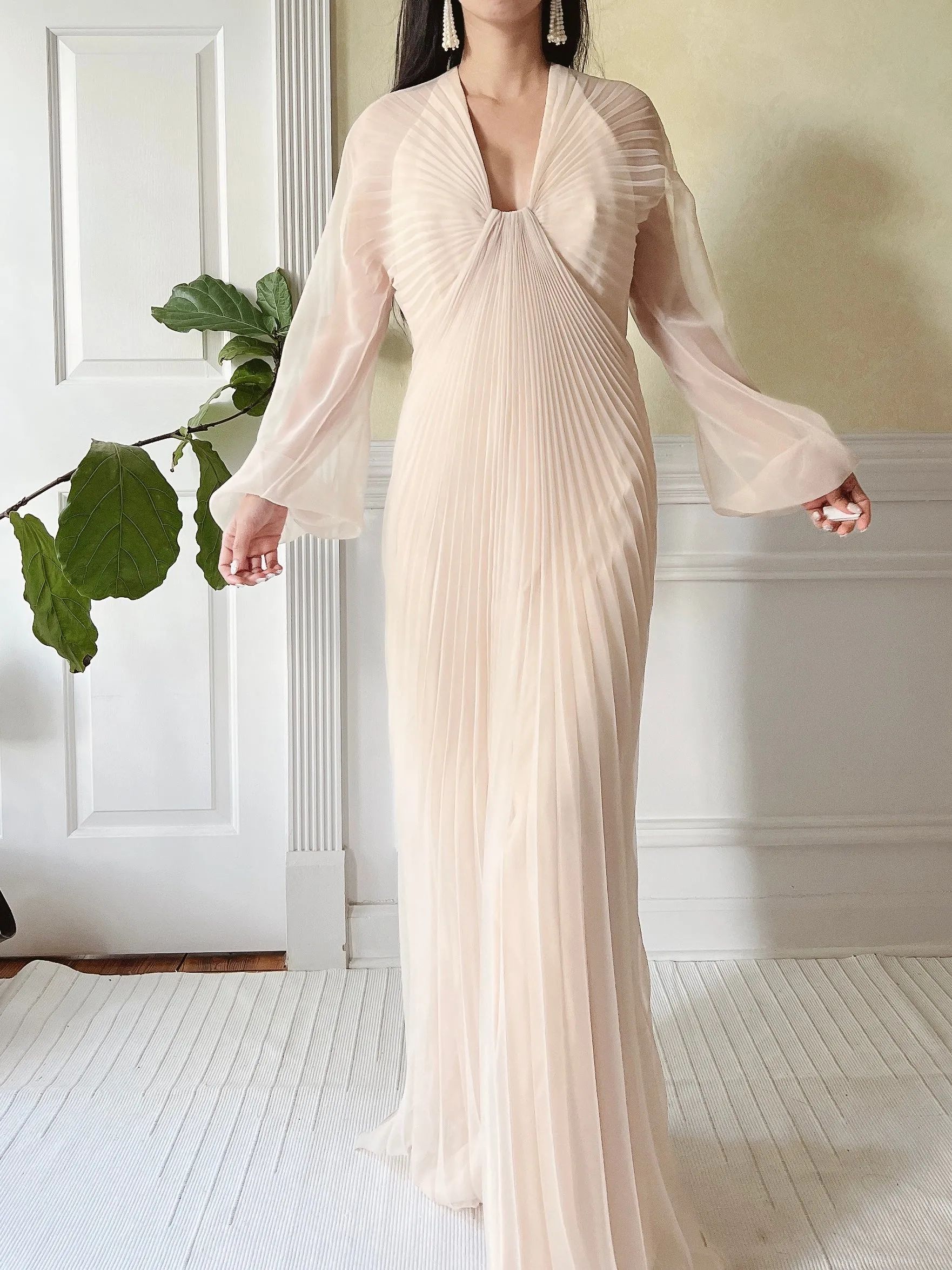 Vintage Eggshell Pleated Chiffon Dress - S
