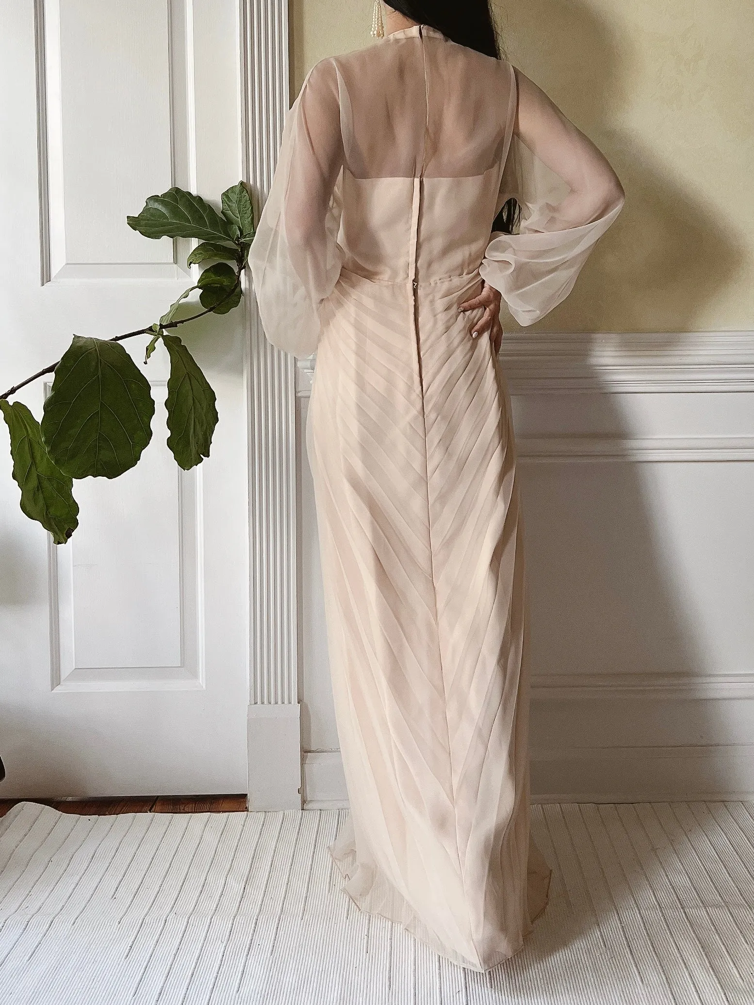 Vintage Eggshell Pleated Chiffon Dress - S