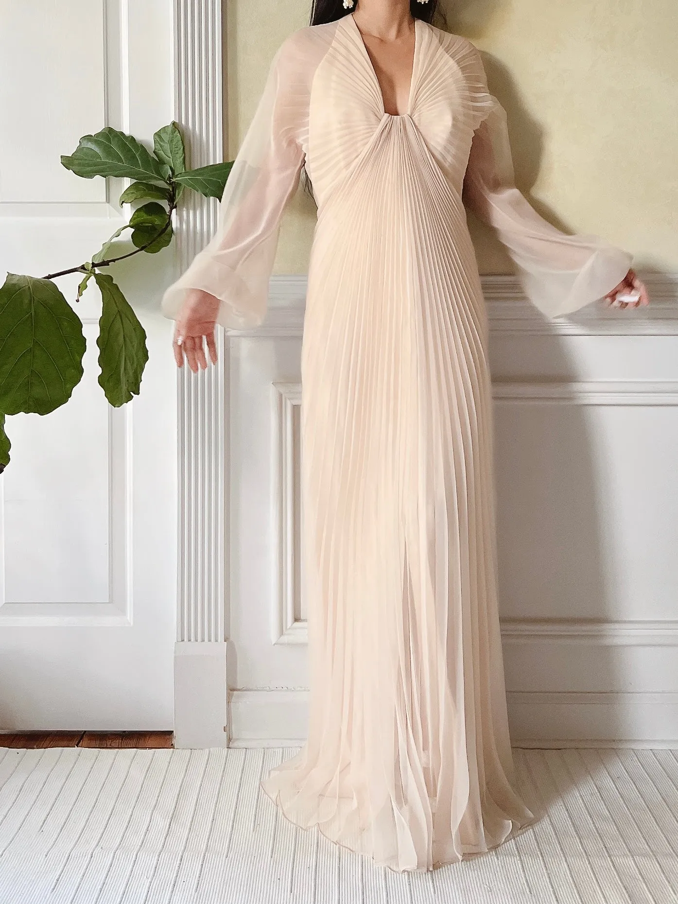Vintage Eggshell Pleated Chiffon Dress - S