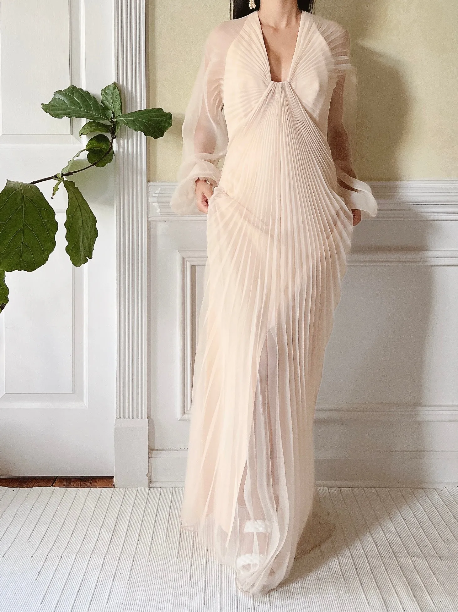 Vintage Eggshell Pleated Chiffon Dress - S