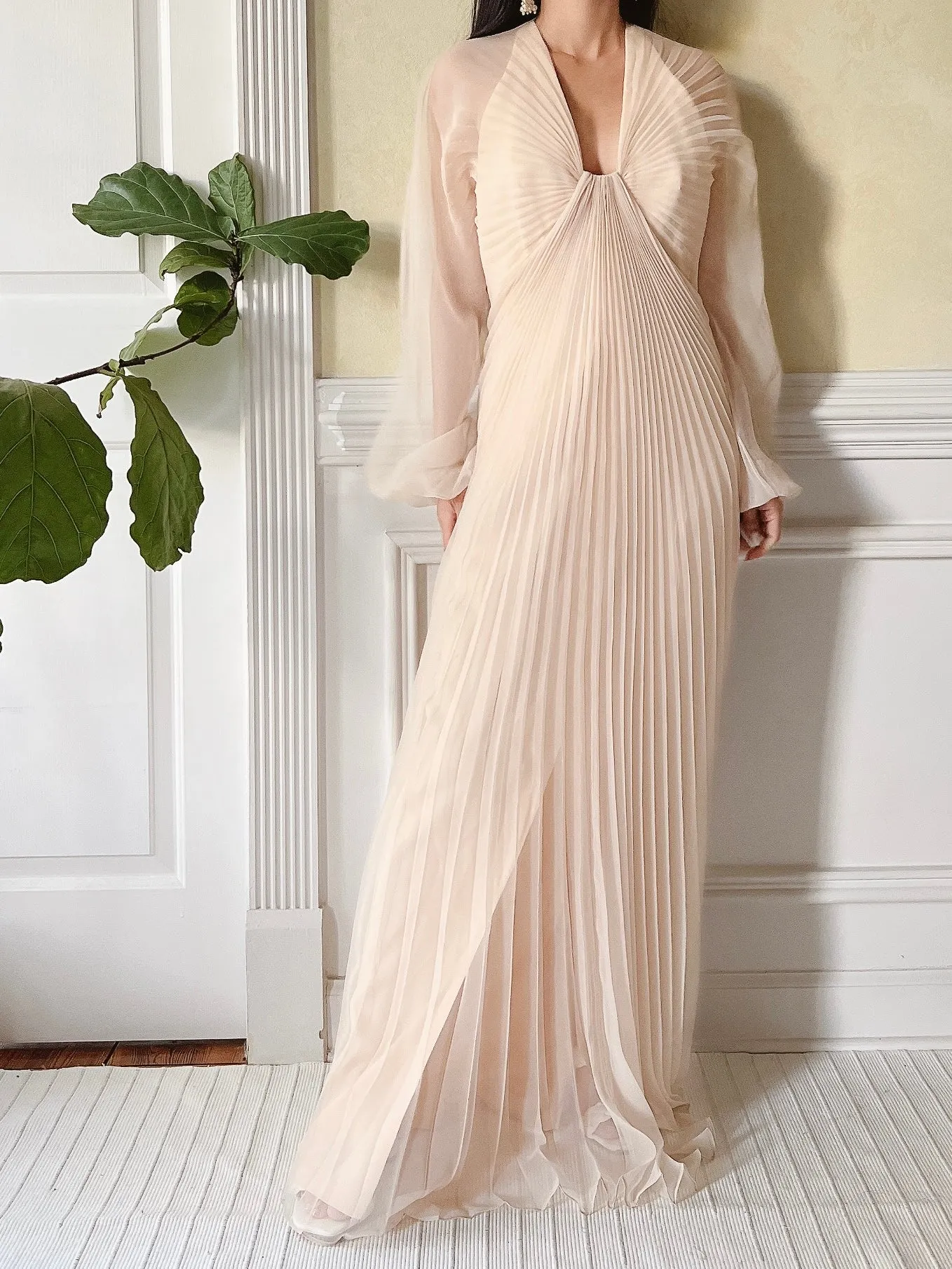 Vintage Eggshell Pleated Chiffon Dress - S