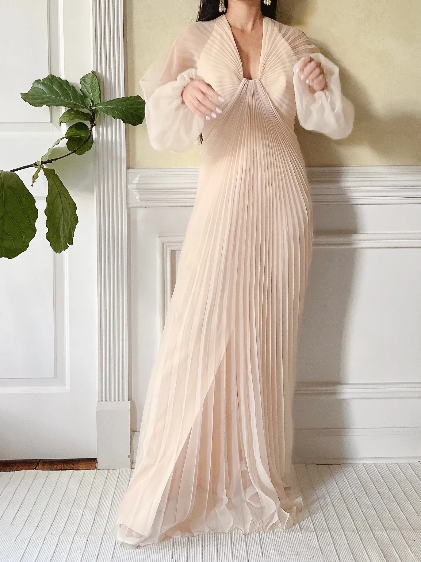 Vintage Eggshell Pleated Chiffon Dress - S