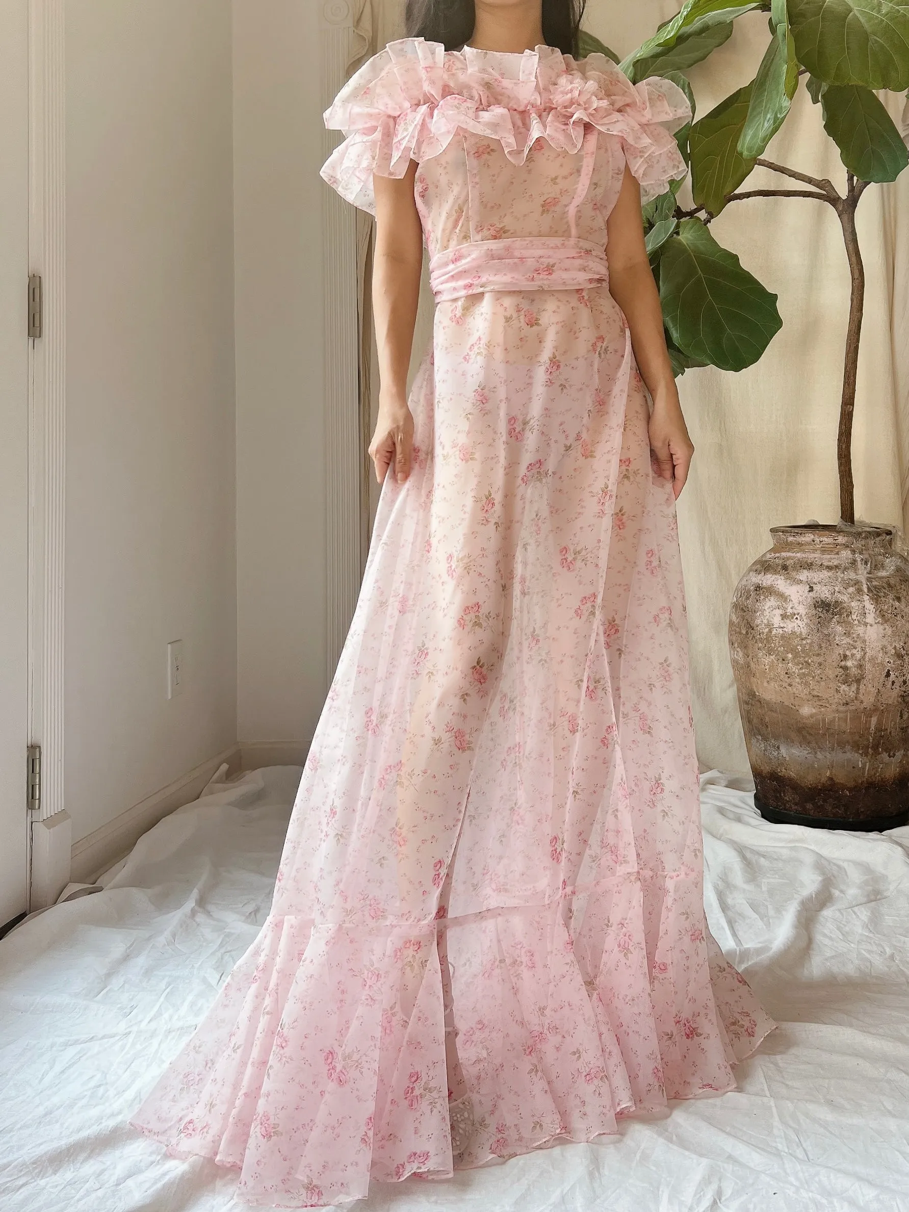 Vintage Floral Print Elastic Off-the-Shoulder Dress - XS/S