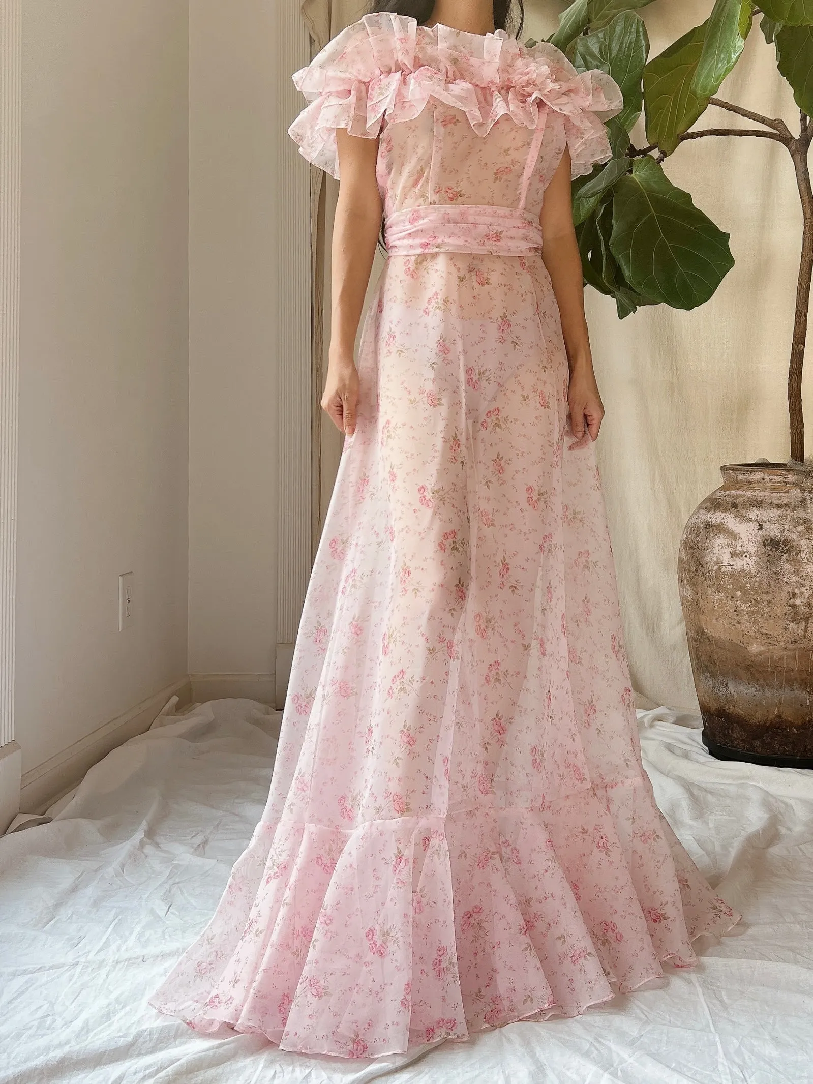 Vintage Floral Print Elastic Off-the-Shoulder Dress - XS/S