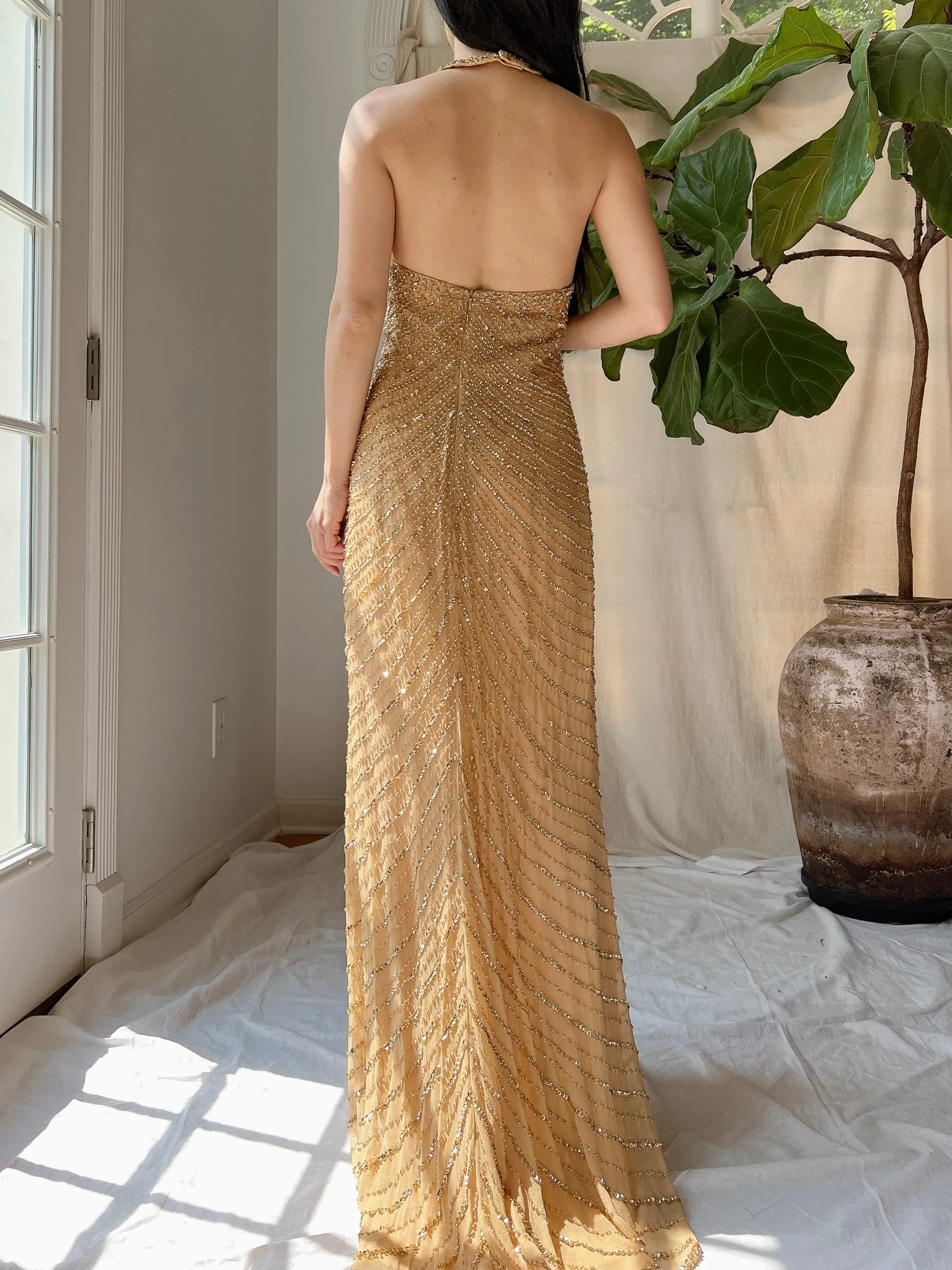 Vintage Gold Silk Beaded Halter Gown - L
