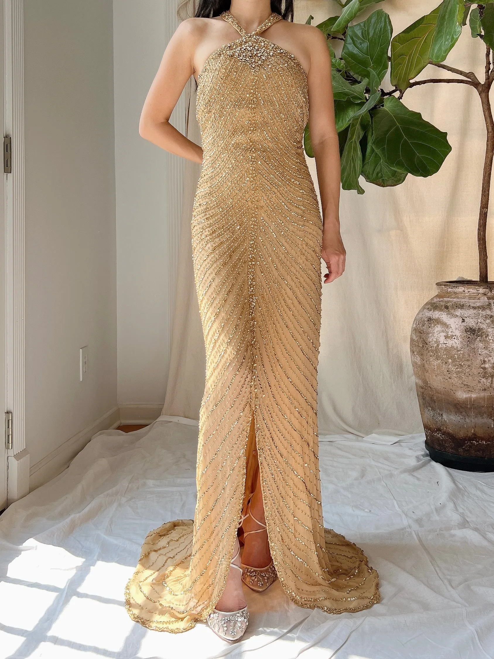 Vintage Gold Silk Beaded Halter Gown - L
