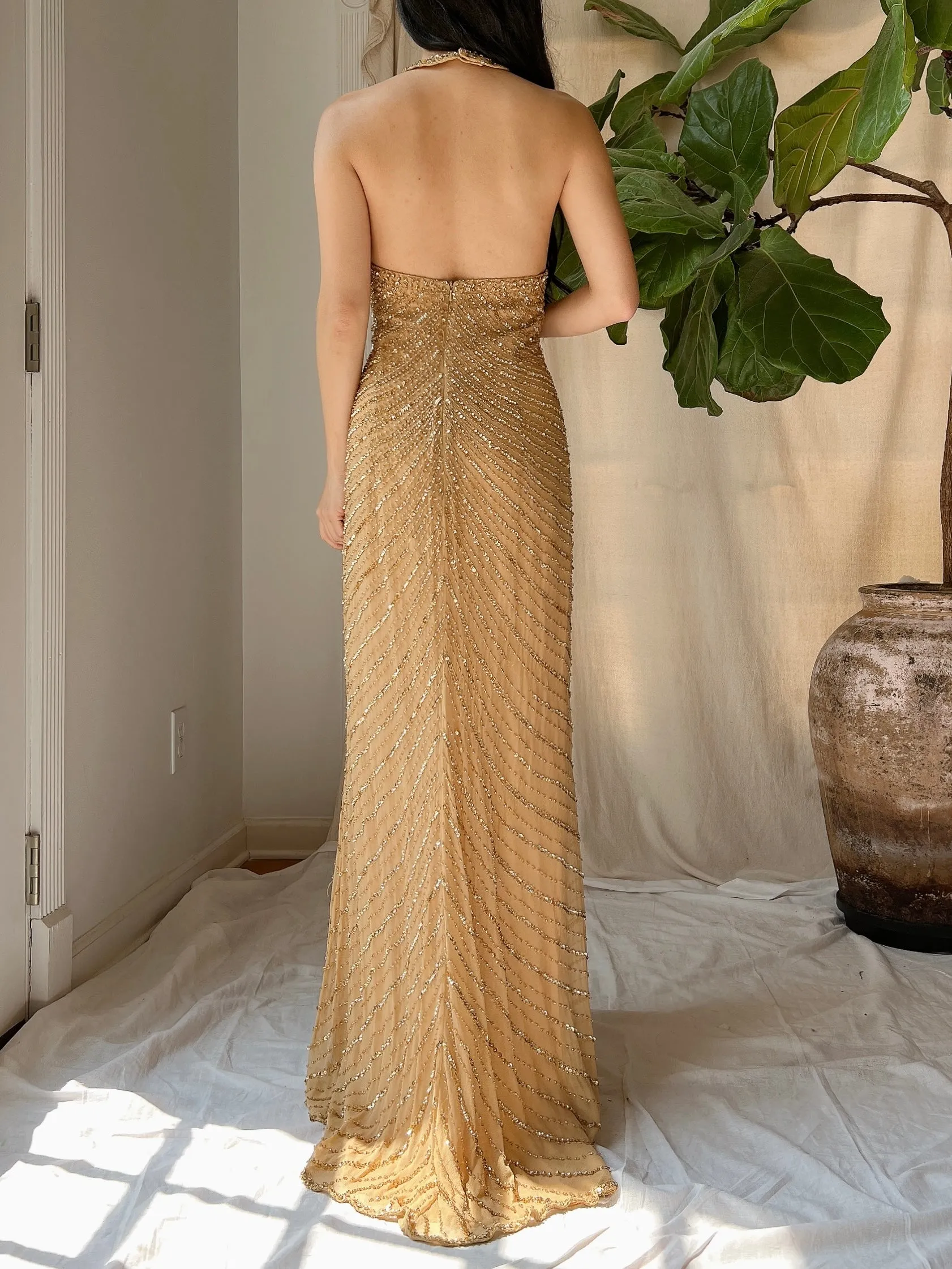 Vintage Gold Silk Beaded Halter Gown - L