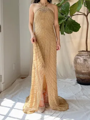 Vintage Gold Silk Beaded Halter Gown - L