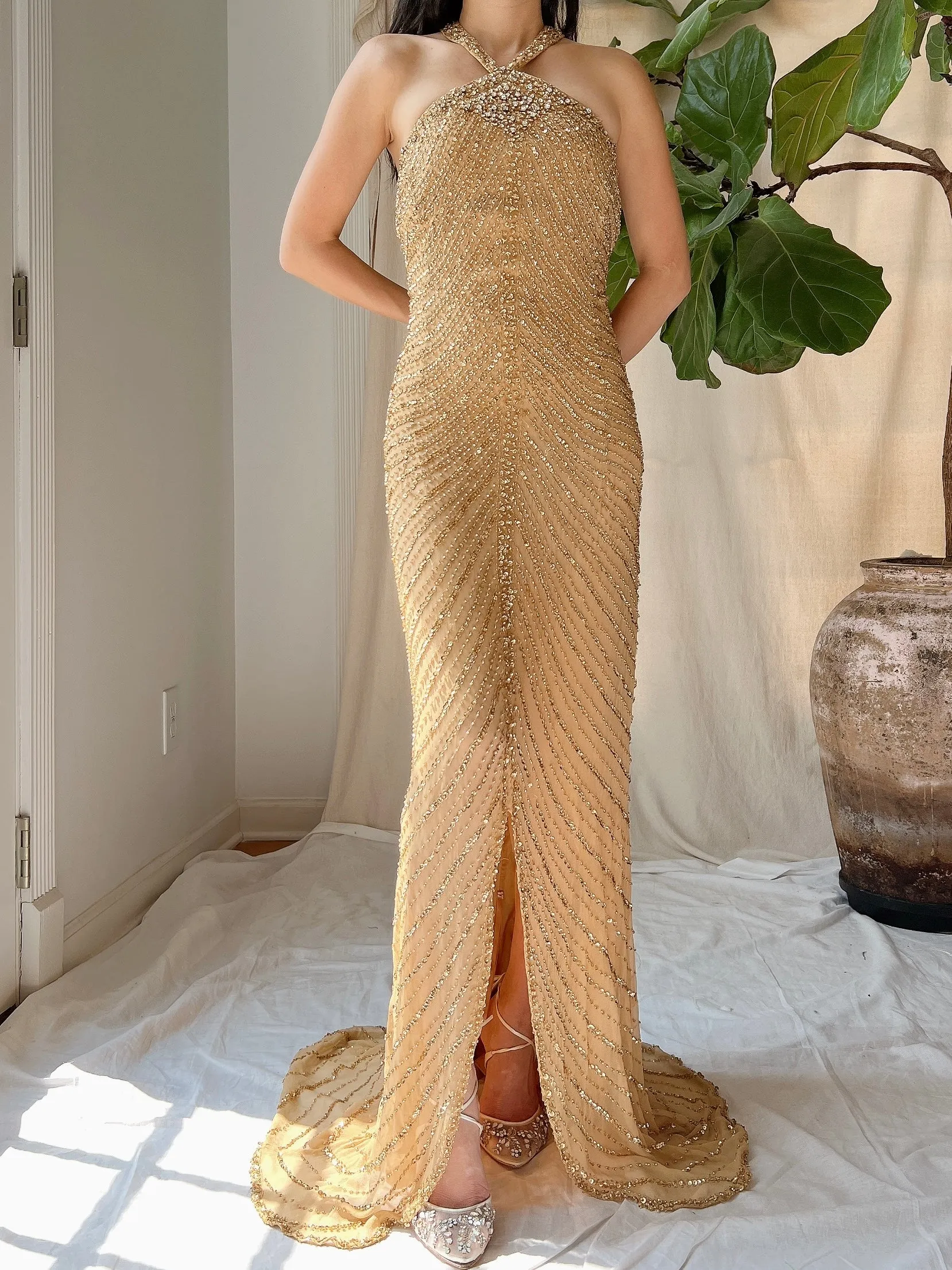 Vintage Gold Silk Beaded Halter Gown - L
