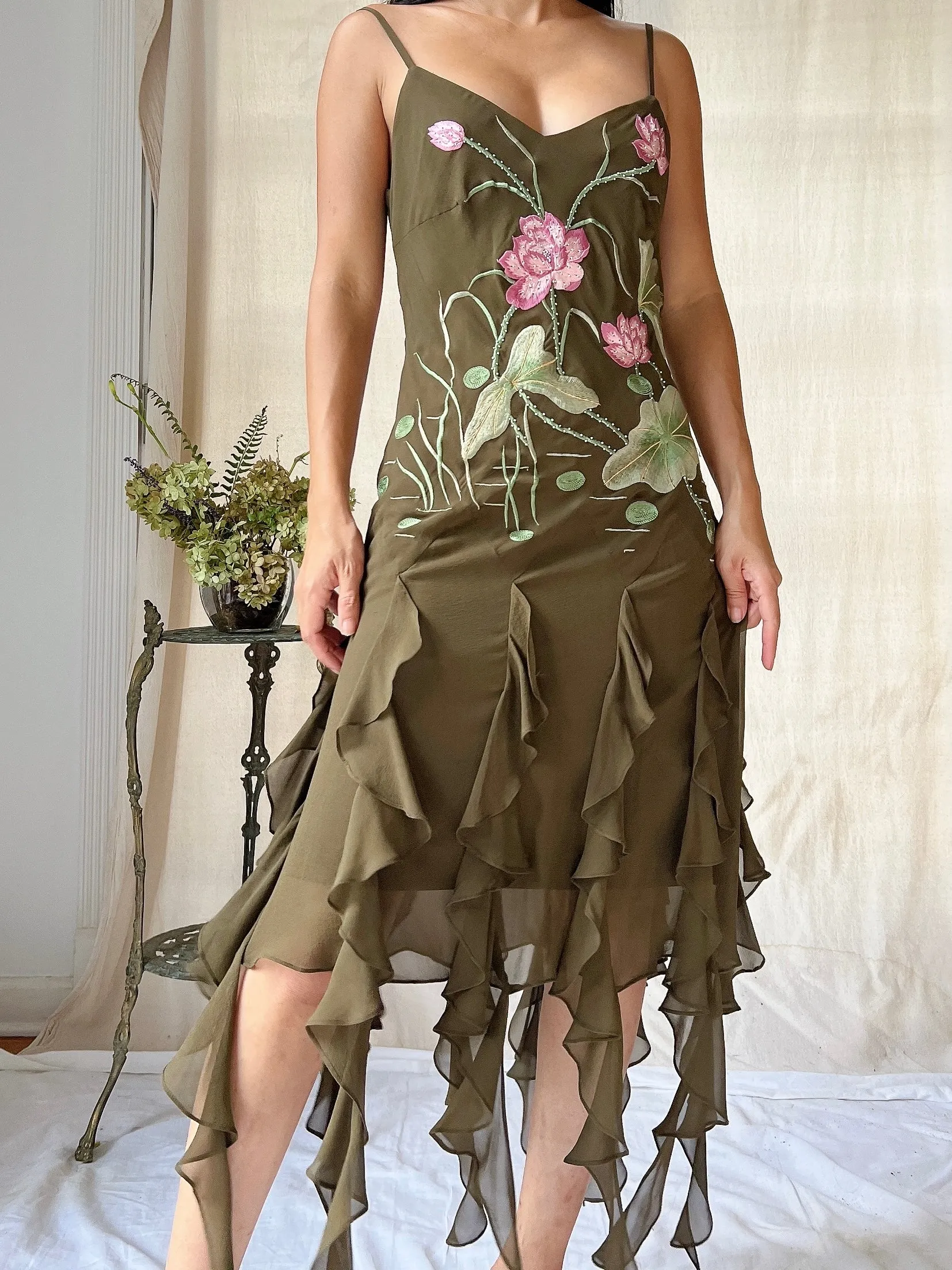Vintage Lotus Silk Fringe Dress - S/M