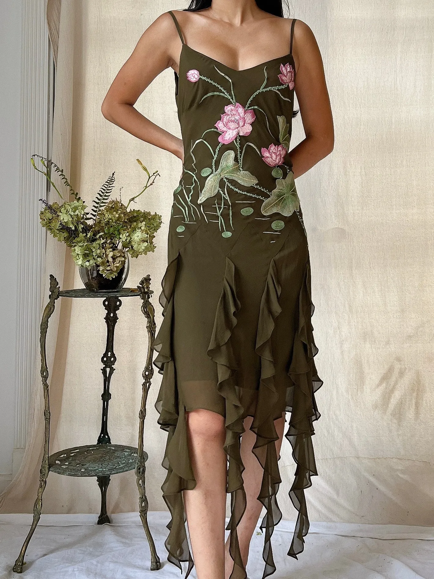 Vintage Lotus Silk Fringe Dress - S/M