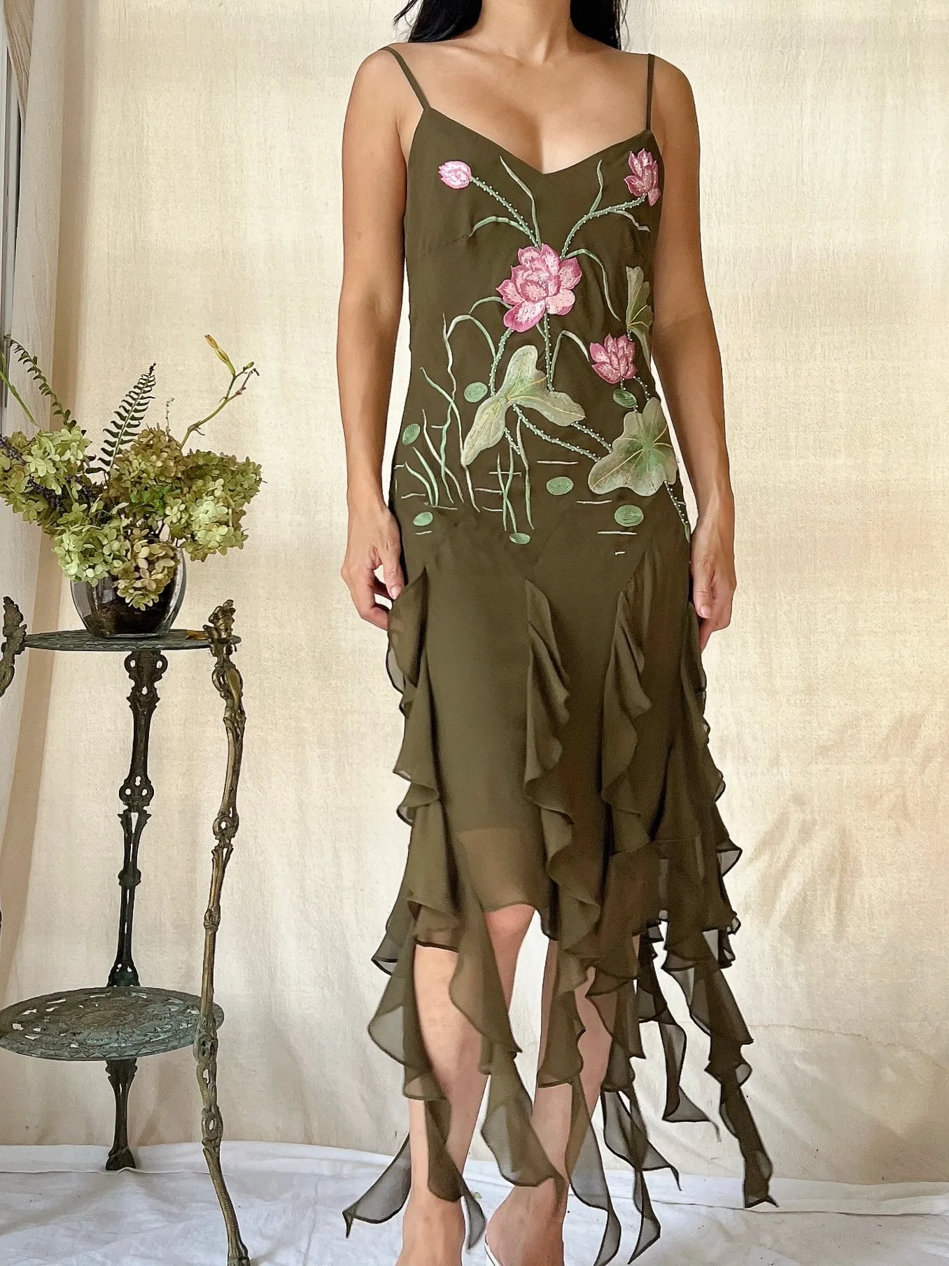 Vintage Lotus Silk Fringe Dress - S/M