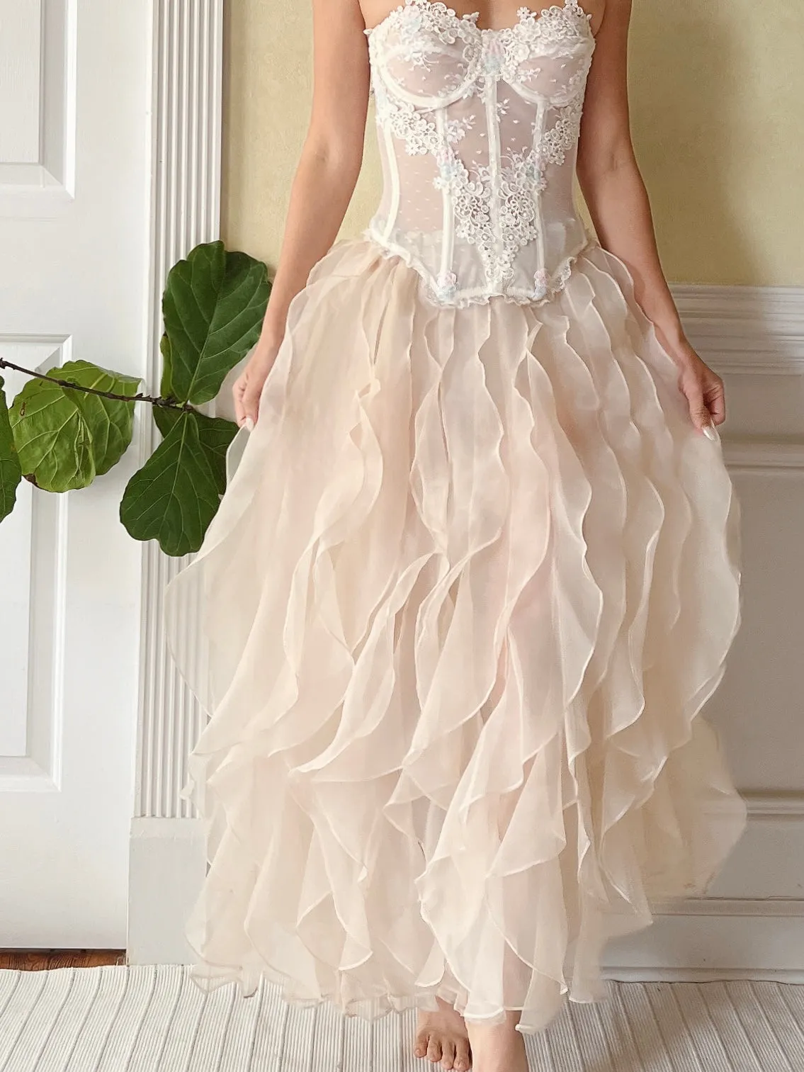 Vintage Nude Organza Ruffle Skirt - S-L