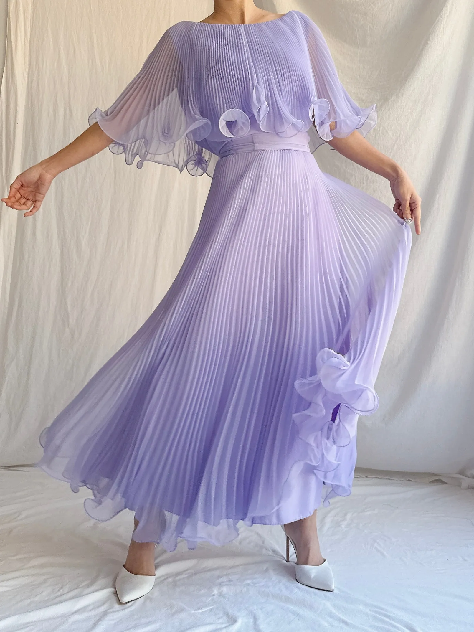 Vintage Pleated Chiffon Midi Dress - M