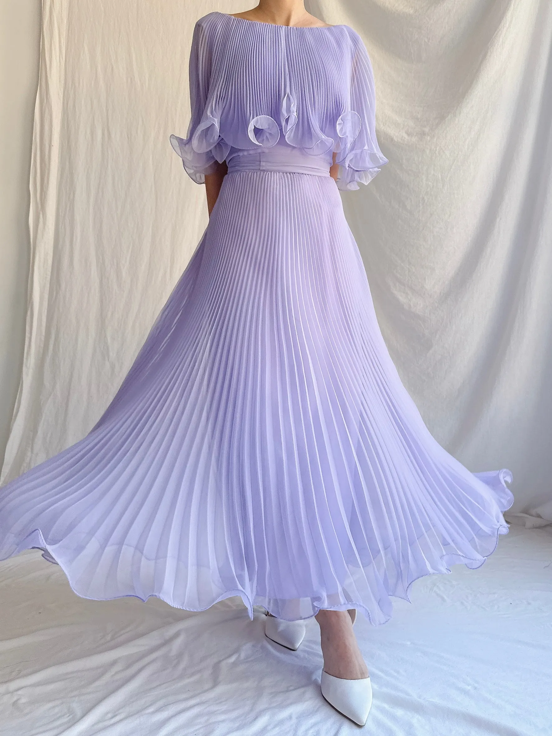 Vintage Pleated Chiffon Midi Dress - M