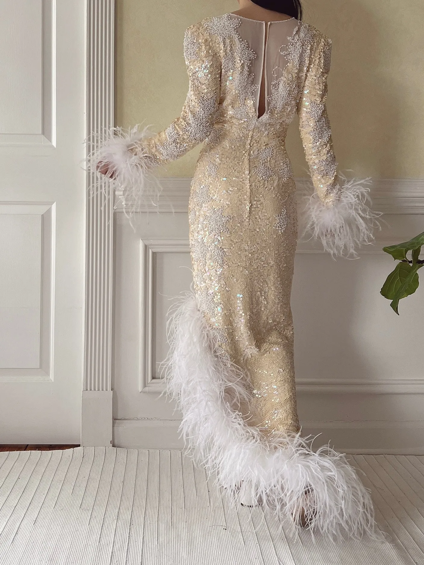 Vintage Silk Beaded Feathered Gown - S