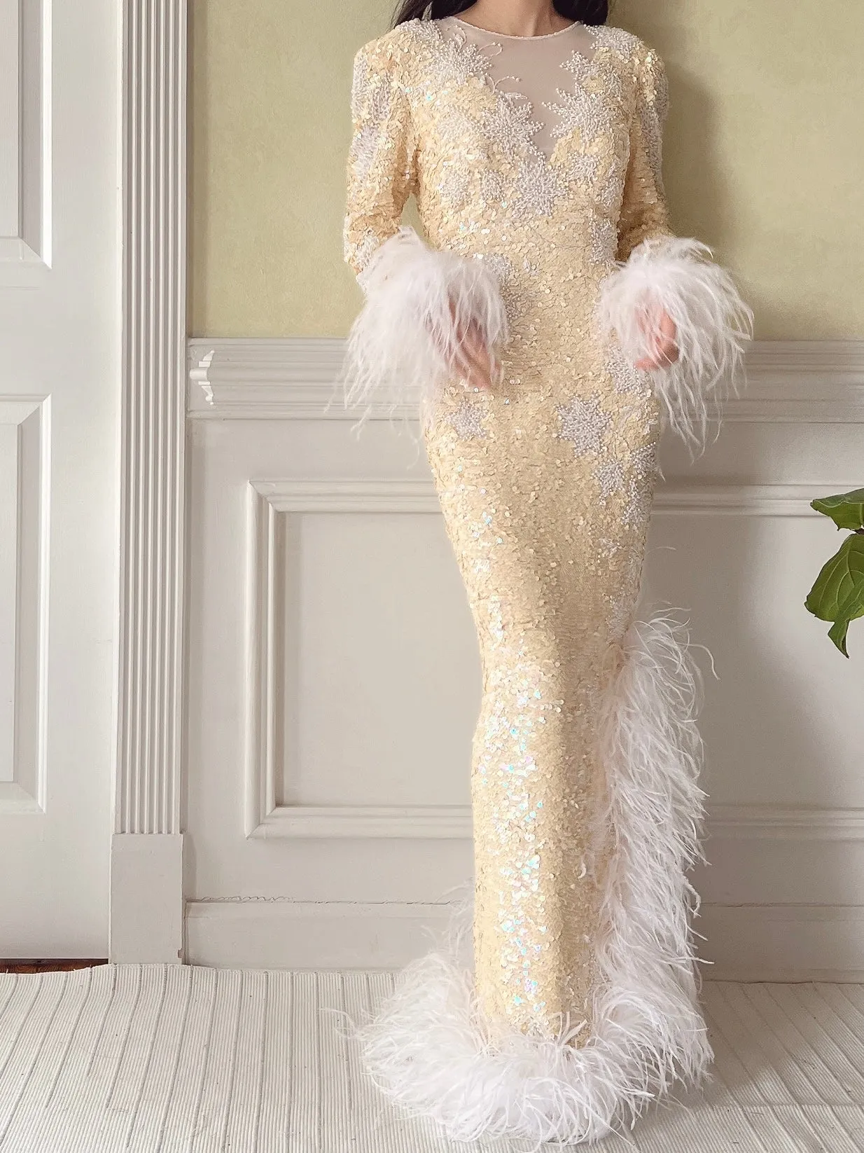 Vintage Silk Beaded Feathered Gown - S