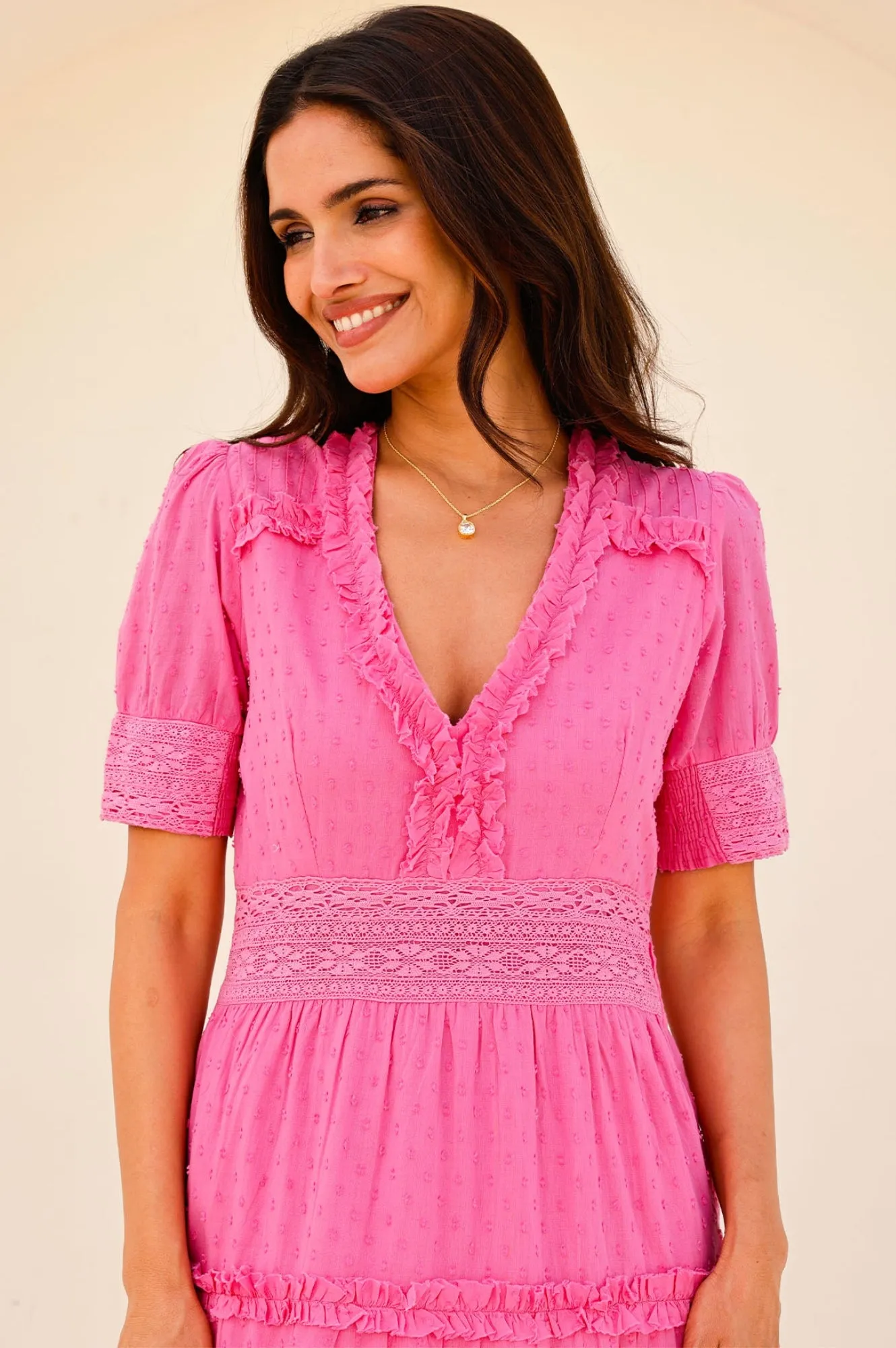 Viola Short Sleeve Organic Cotton Dobby Dress | Bright Pink