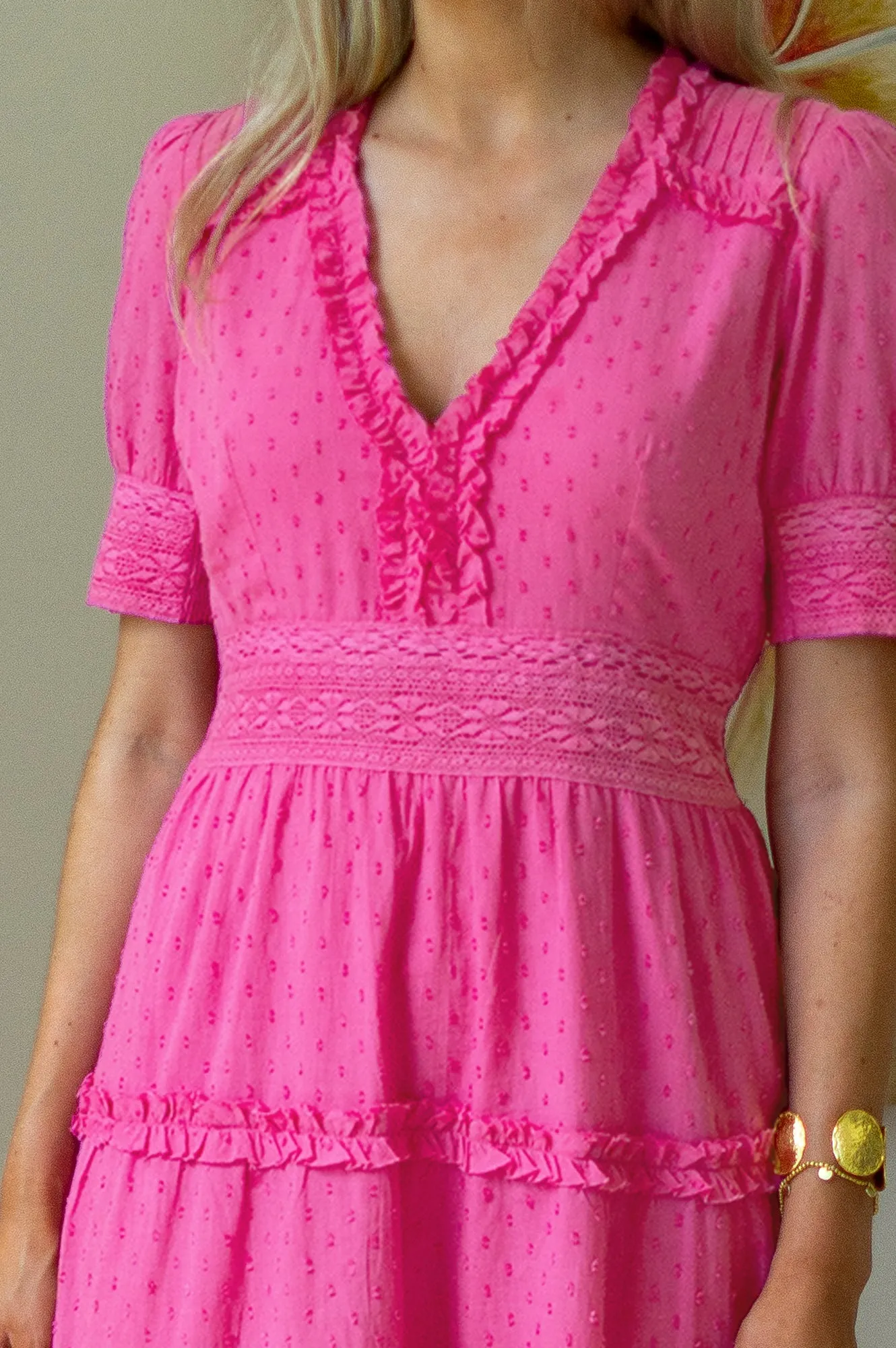 Viola Short Sleeve Organic Cotton Dobby Dress | Bright Pink