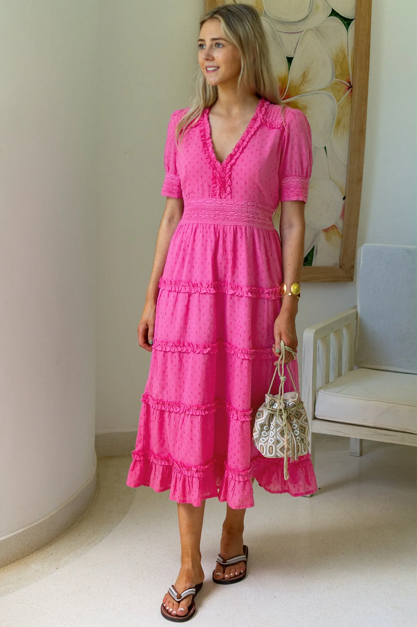 Viola Short Sleeve Organic Cotton Dobby Dress | Bright Pink