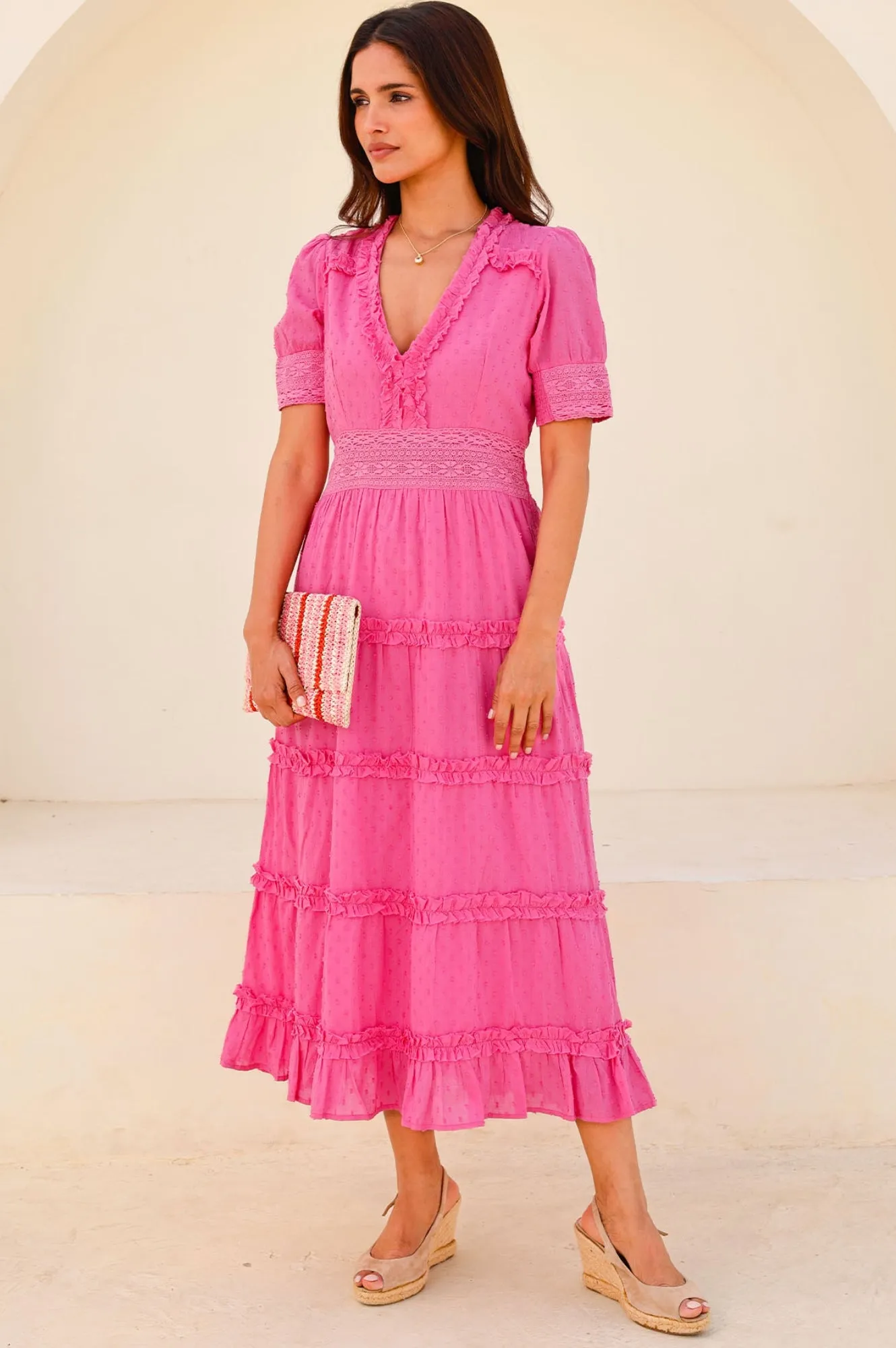 Viola Short Sleeve Organic Cotton Dobby Dress | Bright Pink