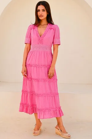Viola Short Sleeve Organic Cotton Dobby Dress | Bright Pink
