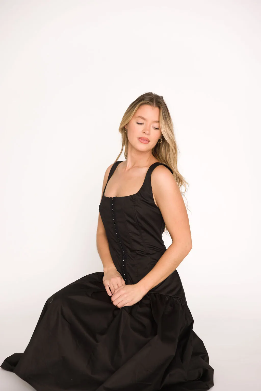 Violet Corset Style Drop Waist Midi Dress in Black