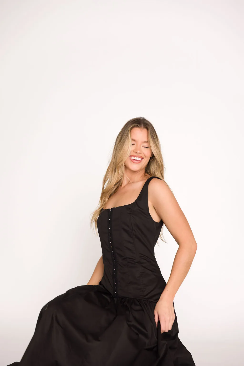 Violet Corset Style Drop Waist Midi Dress in Black