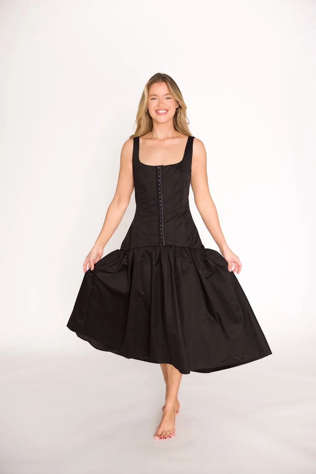 Violet Corset Style Drop Waist Midi Dress in Black