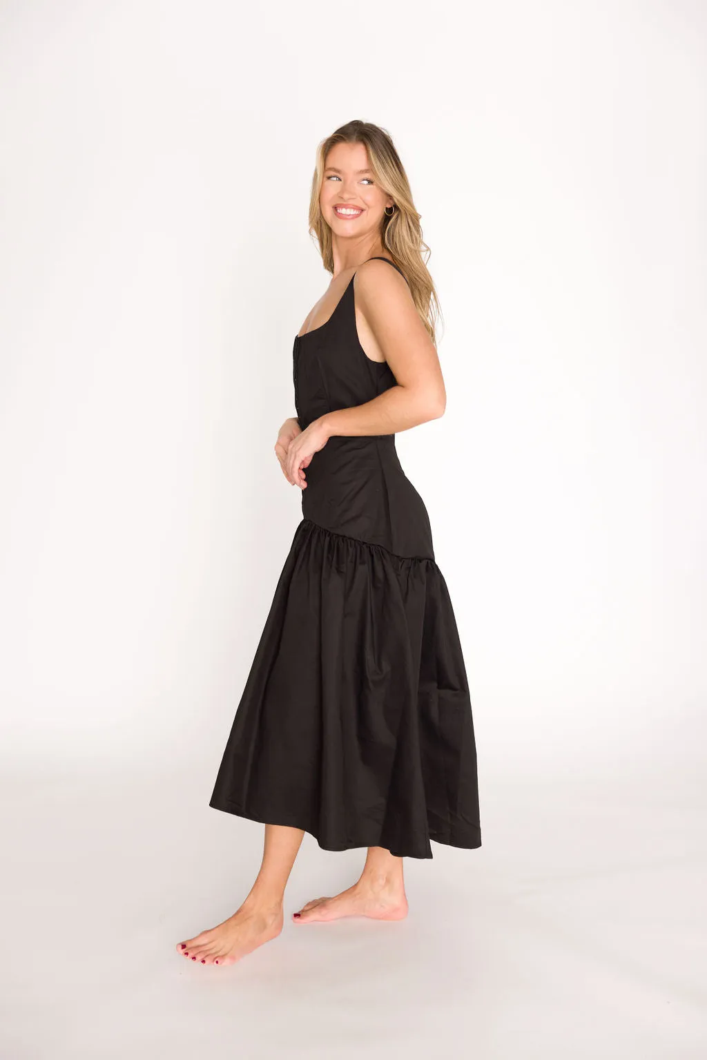 Violet Corset Style Drop Waist Midi Dress in Black