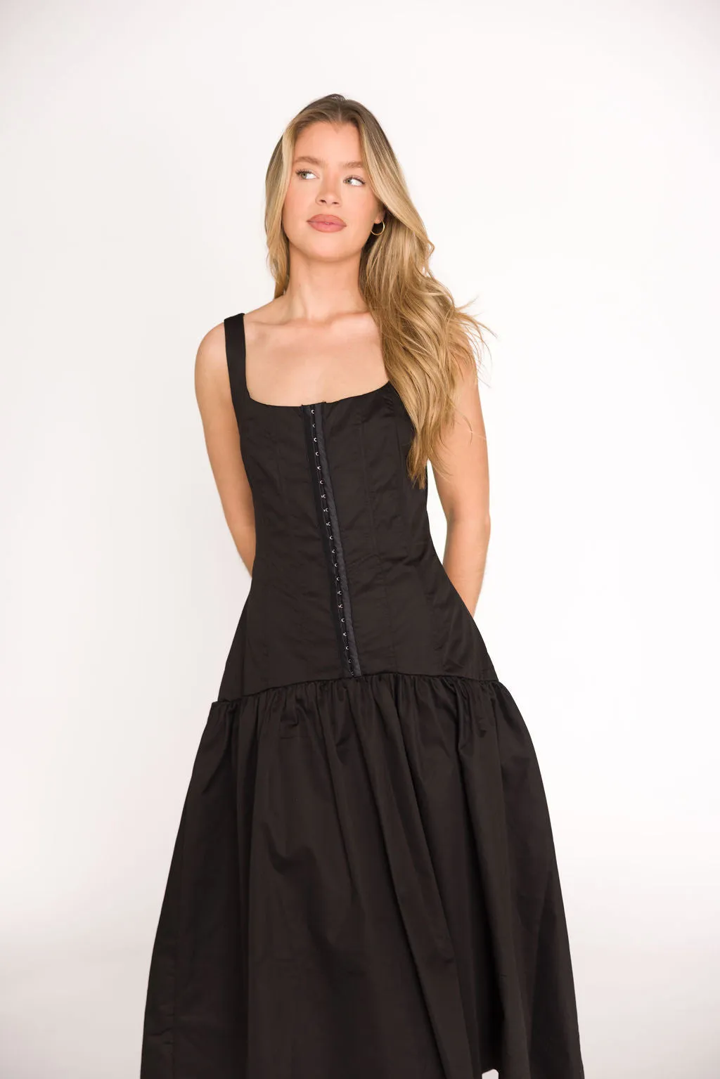 Violet Corset Style Drop Waist Midi Dress in Black