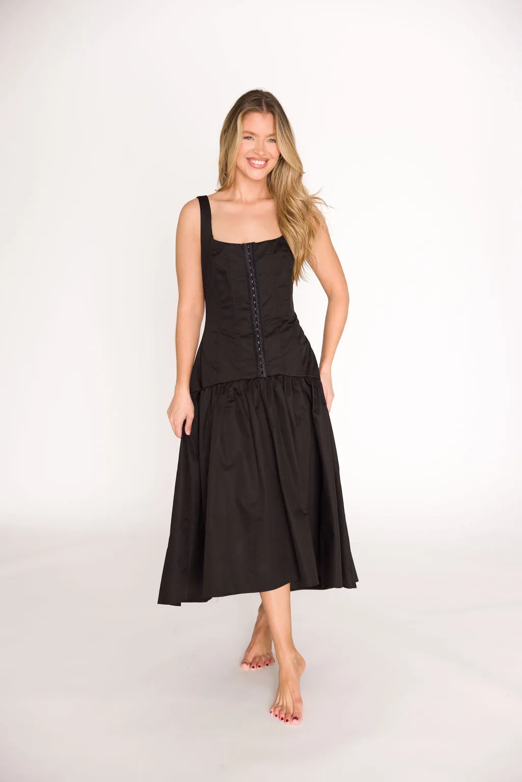 Violet Corset Style Drop Waist Midi Dress in Black