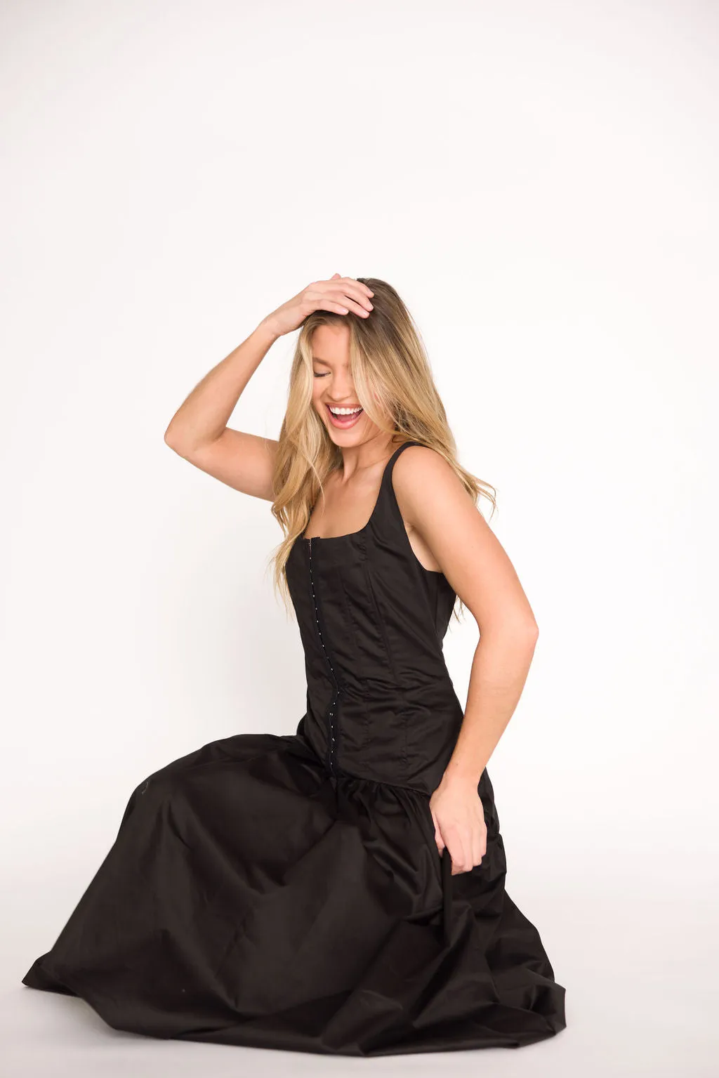 Violet Corset Style Drop Waist Midi Dress in Black