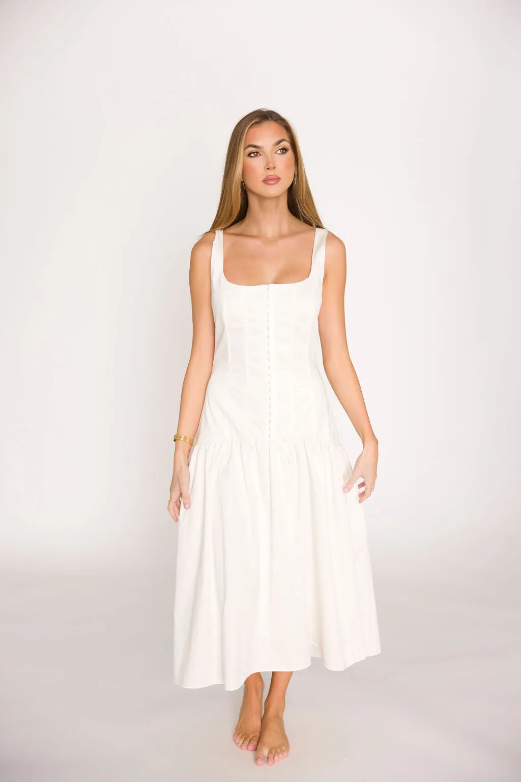 Violet Corset Style Drop Waist Midi Dress in Off-White