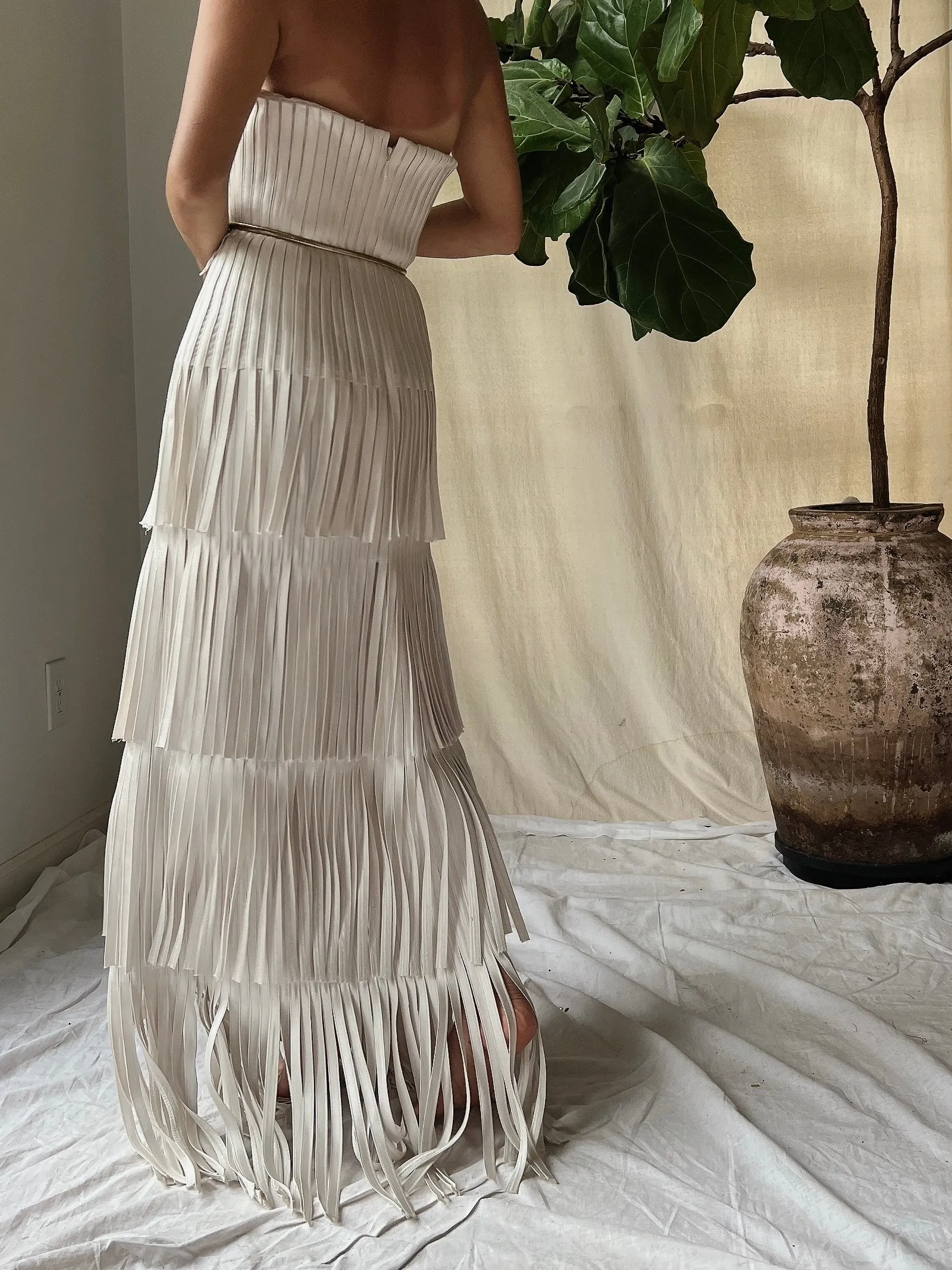 Y2K Oyster Satin Fringe Gown - S/4