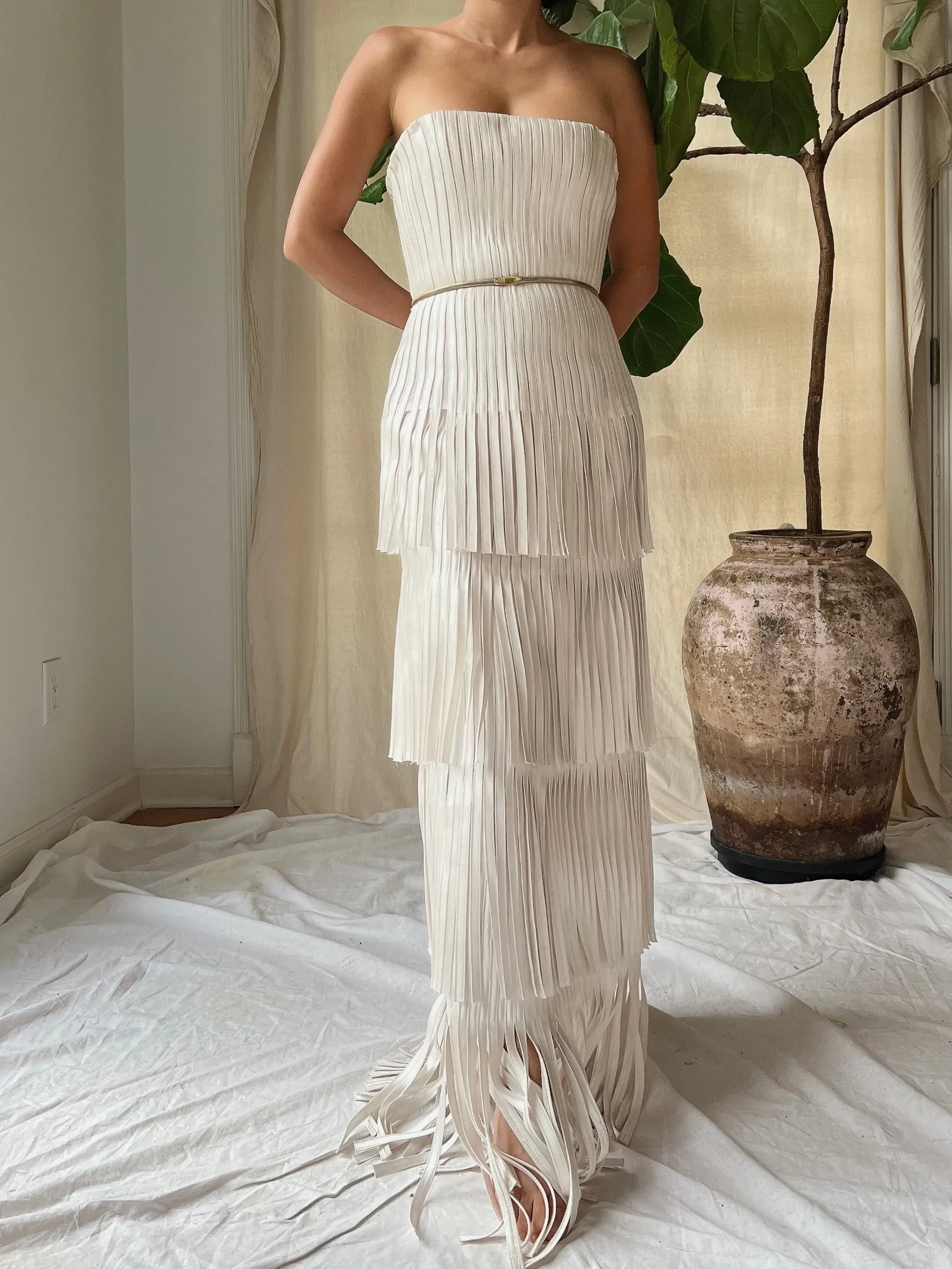 Y2K Oyster Satin Fringe Gown - S/4