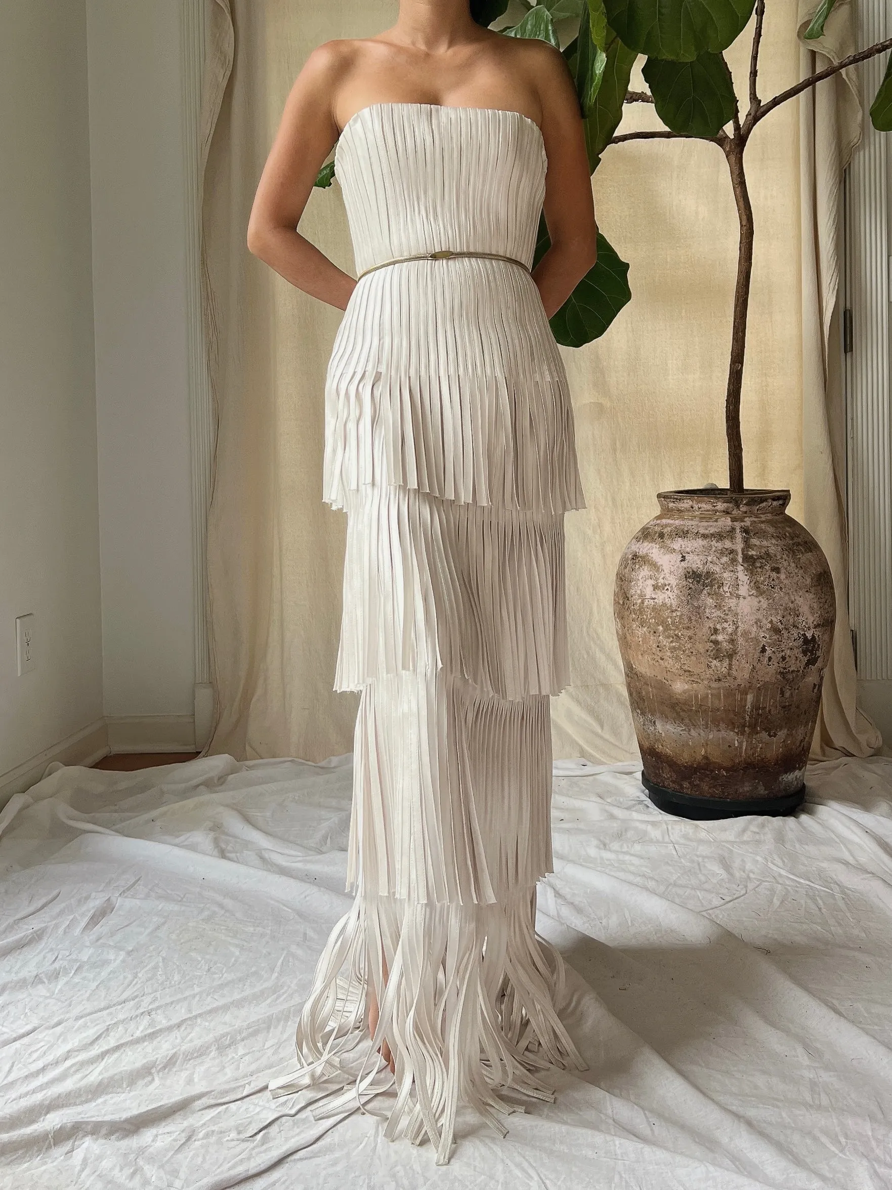 Y2K Oyster Satin Fringe Gown - S/4
