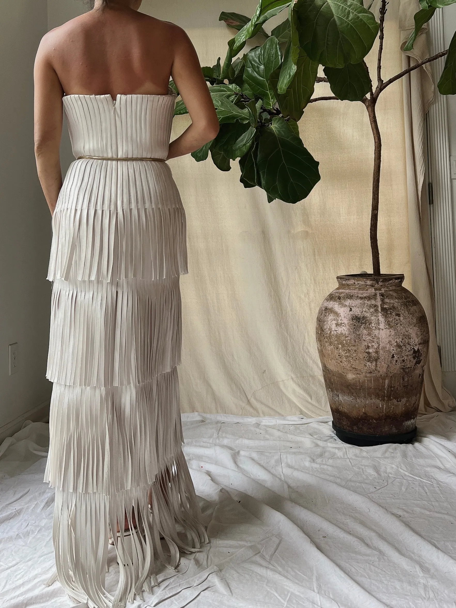 Y2K Oyster Satin Fringe Gown - S/4