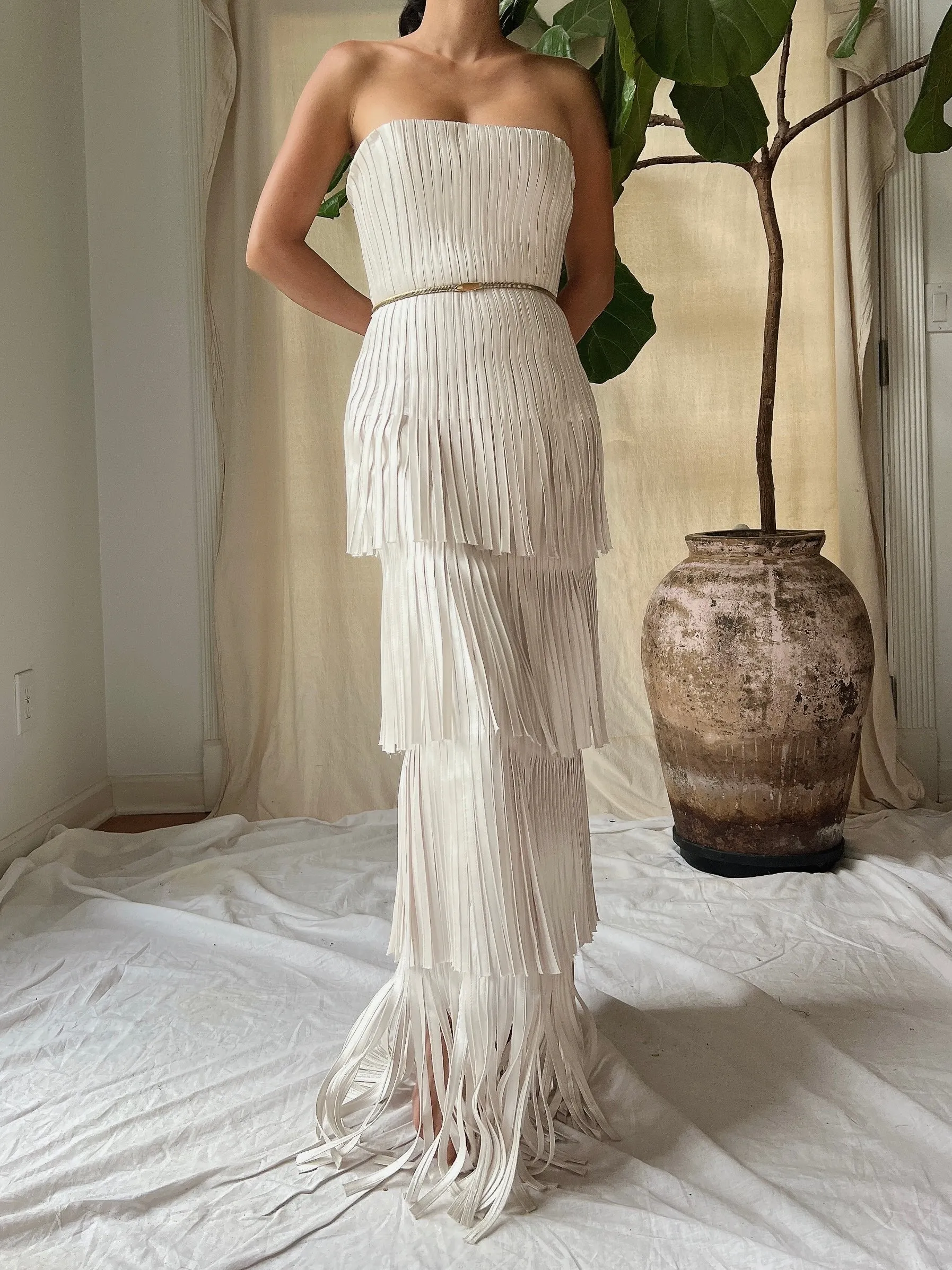 Y2K Oyster Satin Fringe Gown - S/4