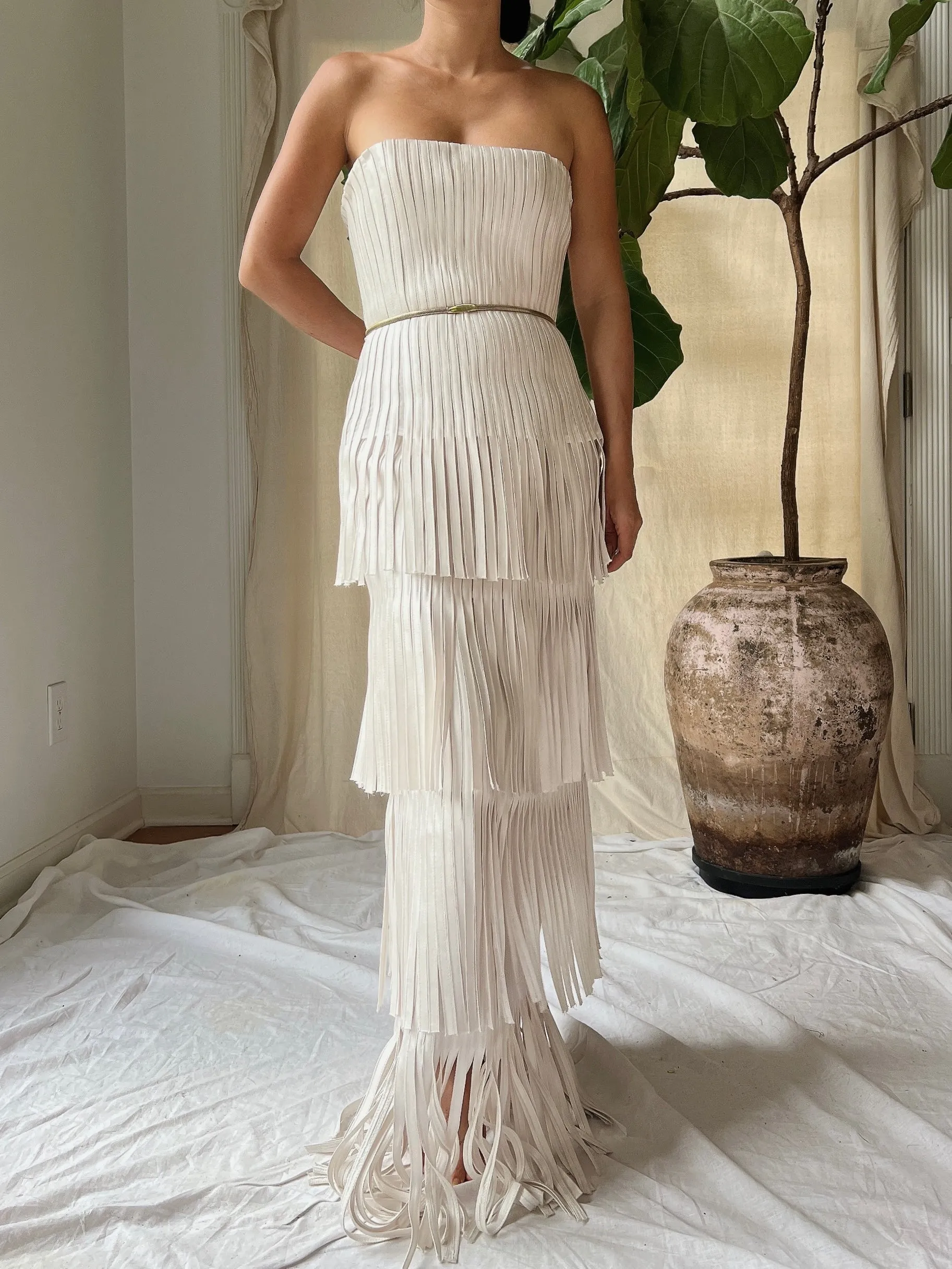 Y2K Oyster Satin Fringe Gown - S/4