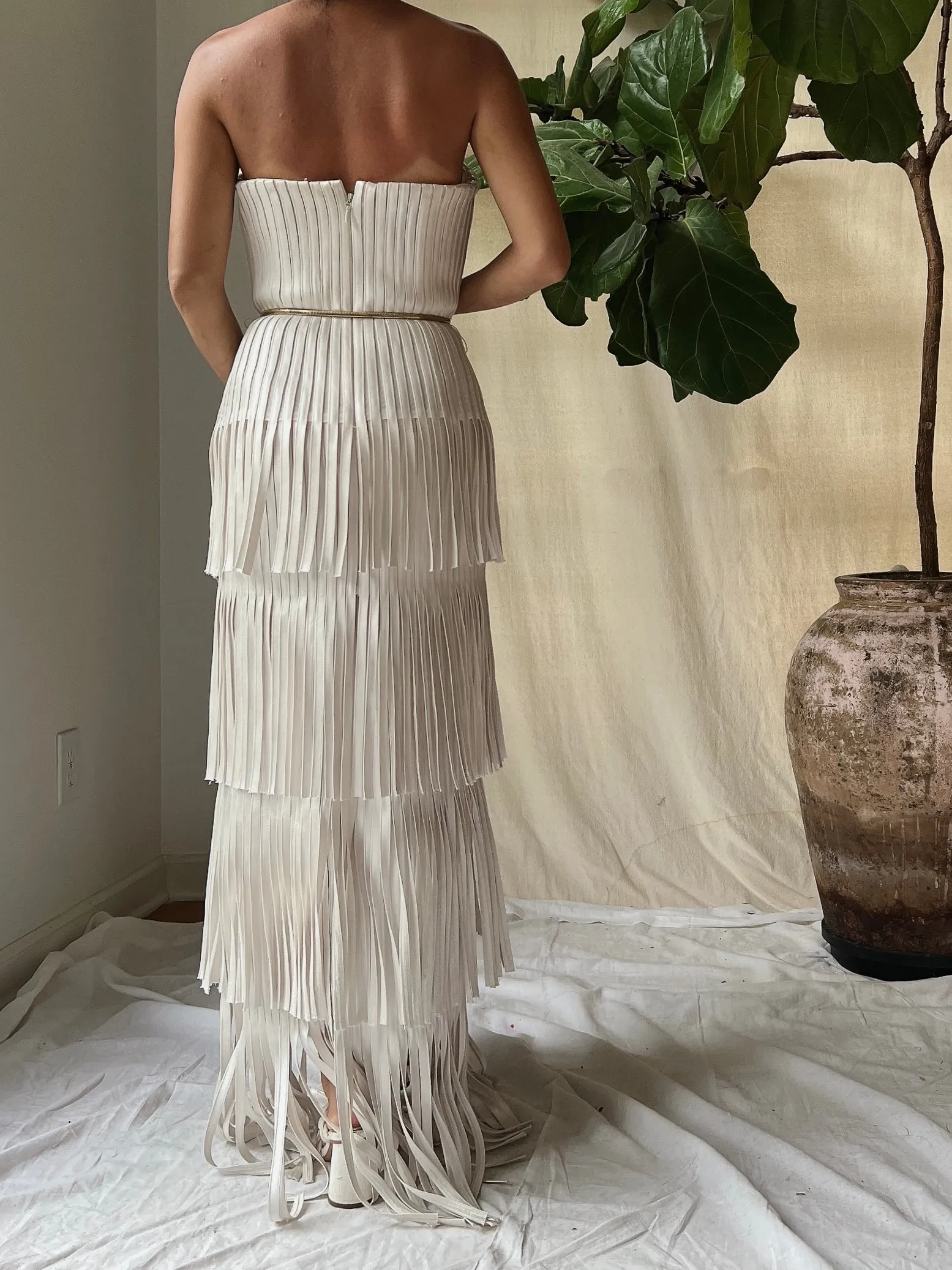 Y2K Oyster Satin Fringe Gown - S/4