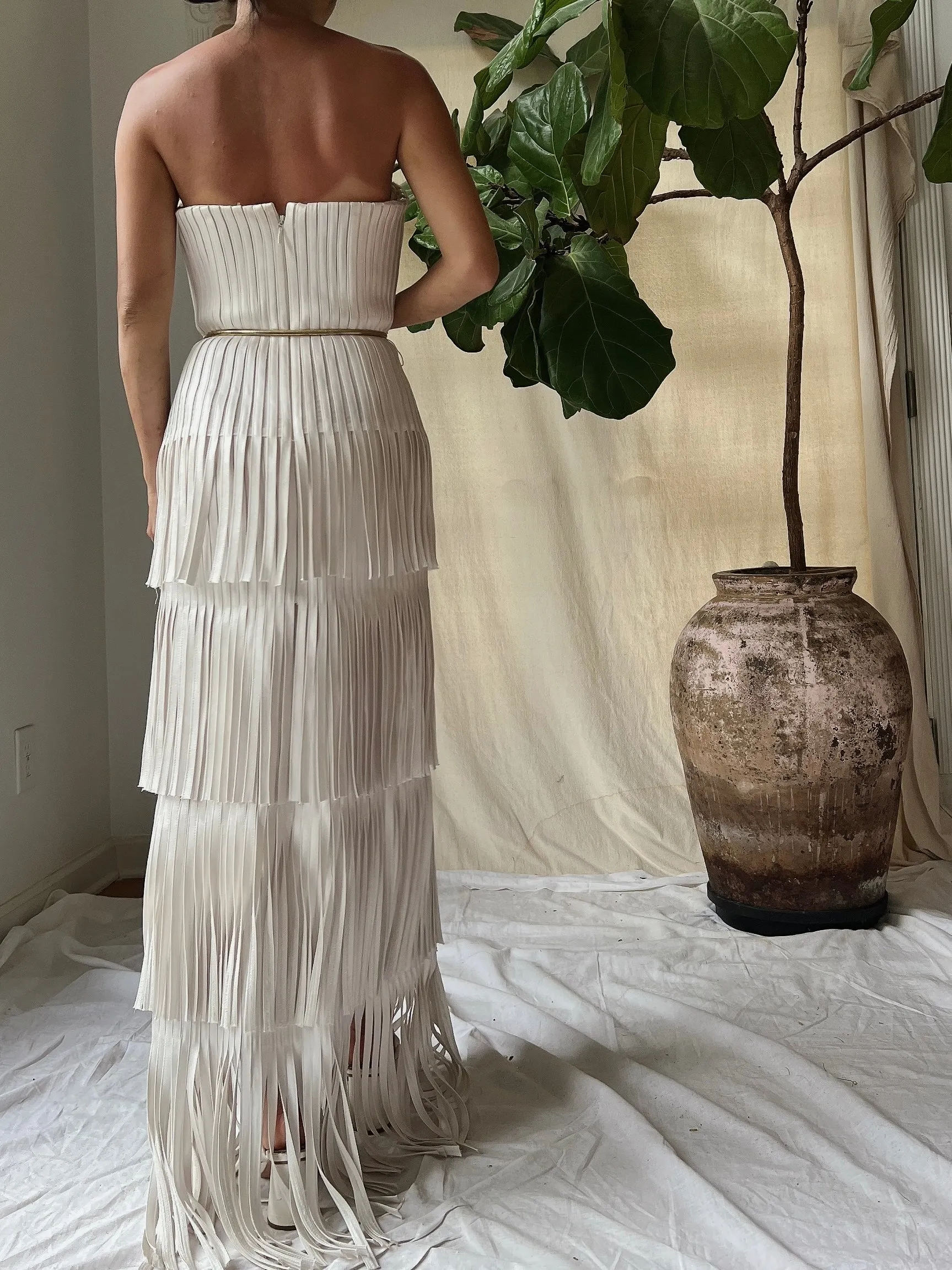 Y2K Oyster Satin Fringe Gown - S/4